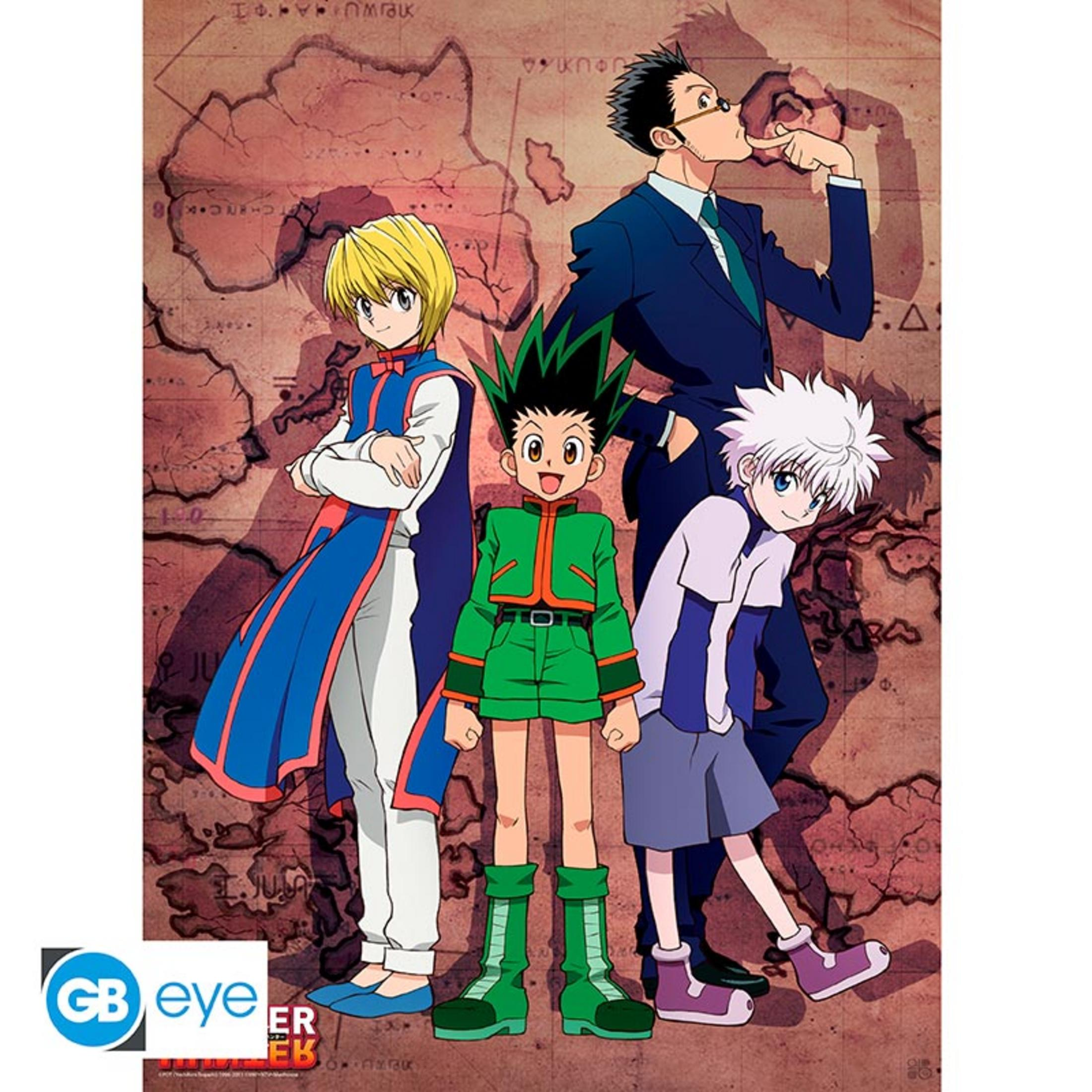 Cuatro personajes de anime de pie frente a un fondo de mapa.