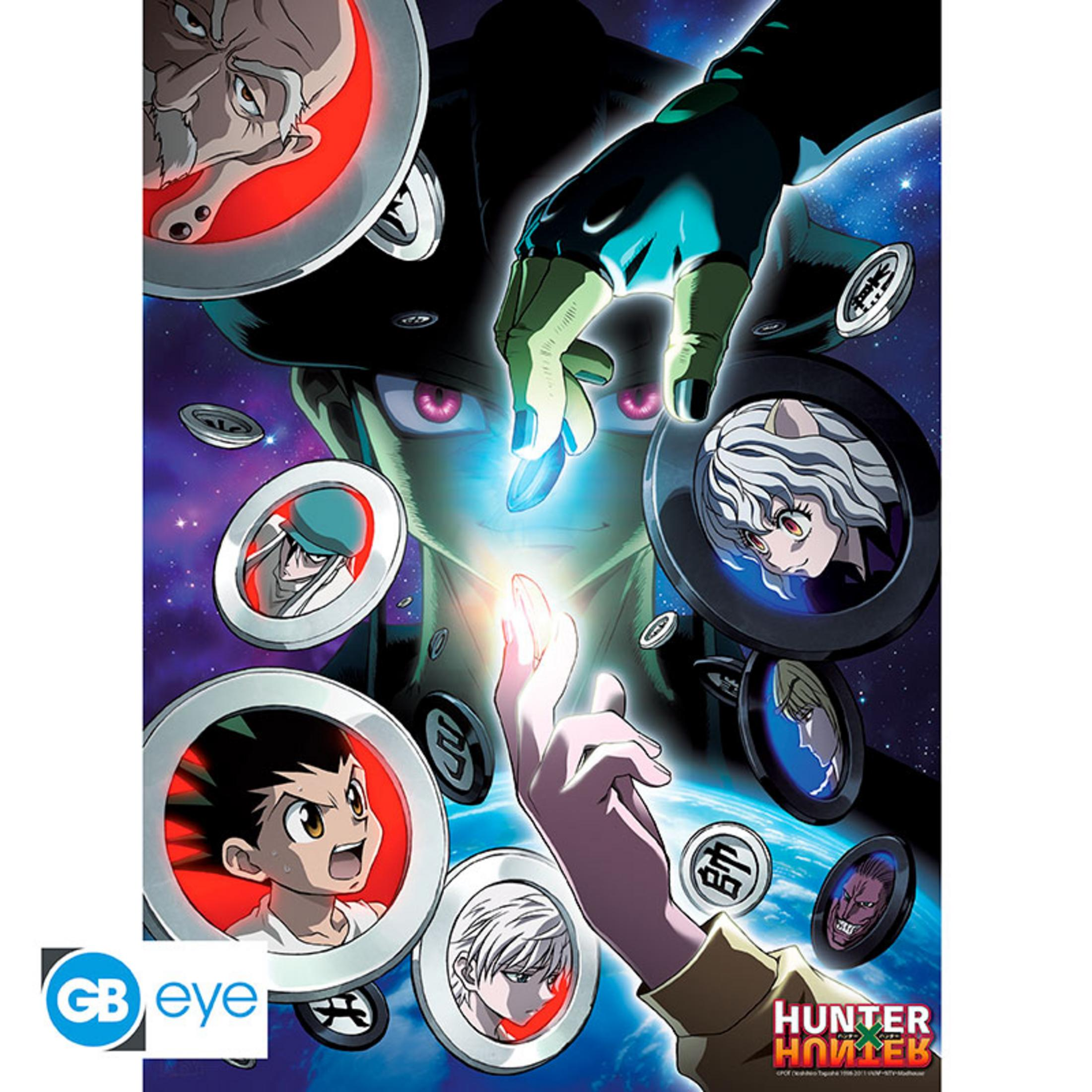 Ilustración de anime con personajes en marcos circulares. Una mano sobre un orbe azul brillante.