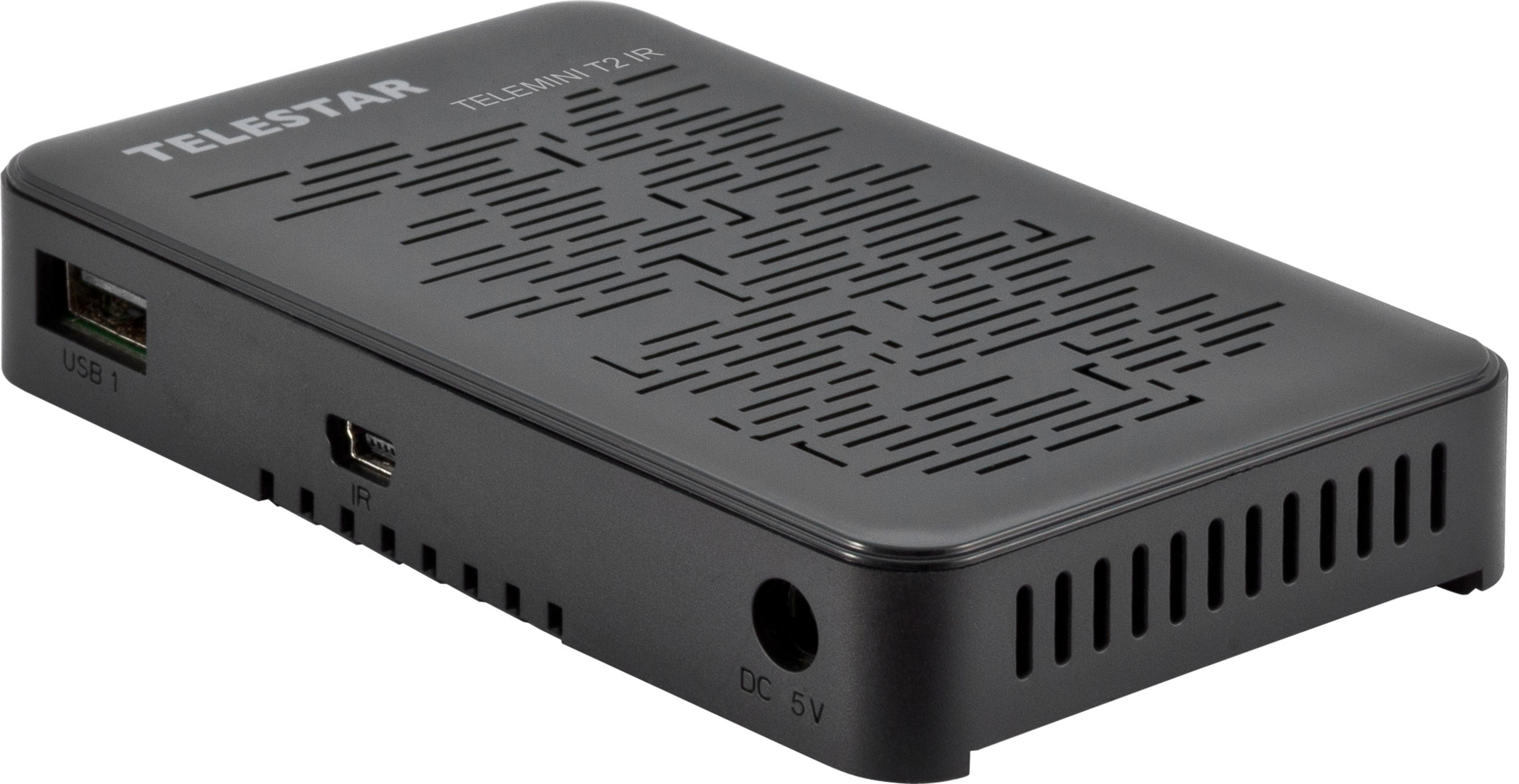 Schwarzer rechteckiger Mediaplayer mit USB-, IR- und DC-Anschlüssen. Marke: Telestar.