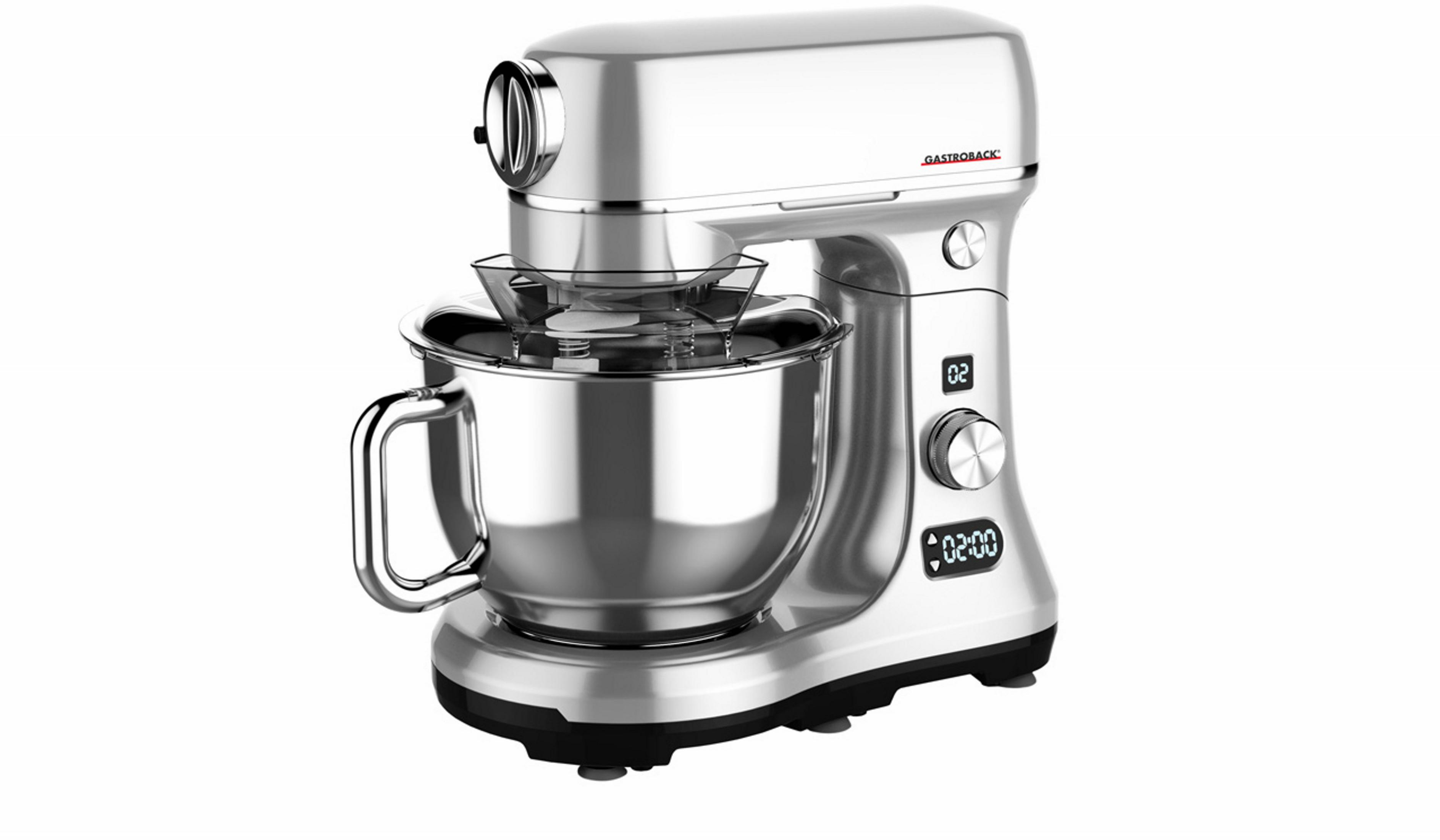 Silber- und Edelstahl-Küchenmixer mit klarer Schüssel und Digitalanzeige.