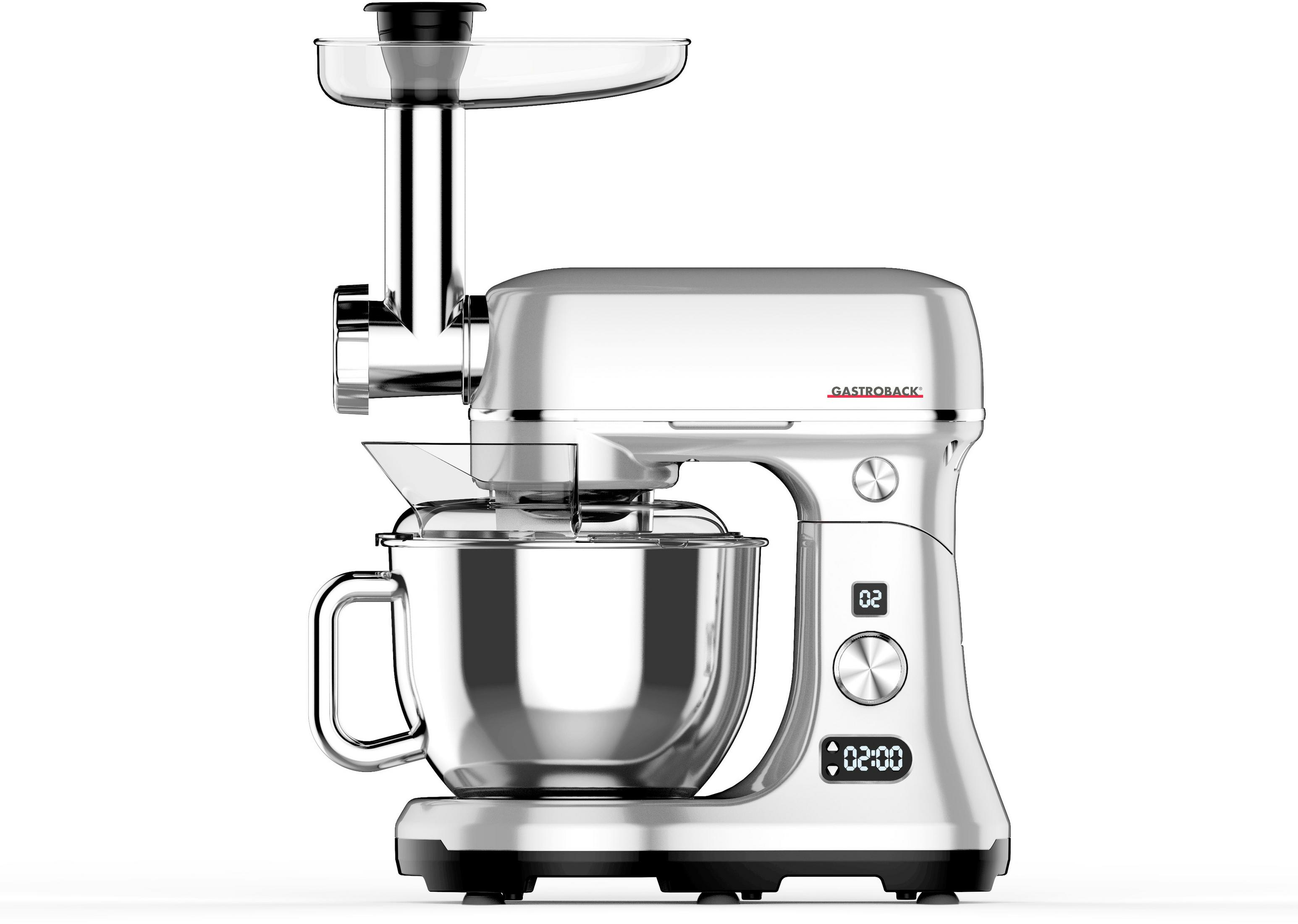 Silberner Food Processor mit Aufsätzen. Der Prozessor hat ein digitales Display und Knöpfe.