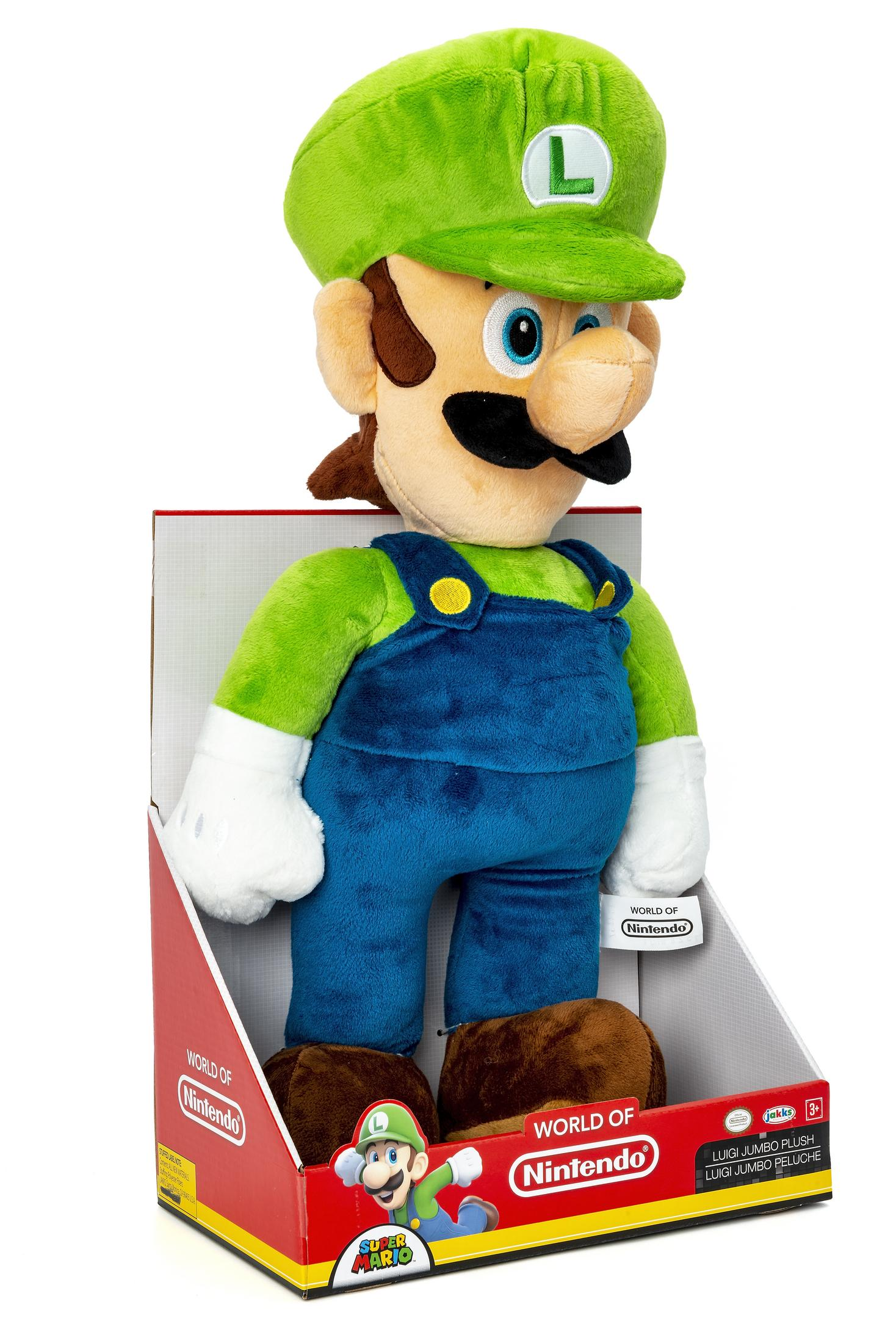 Ein Luigi-Plüschtier in einer Box, das steht. Das Spielzeug ist grün und blau.