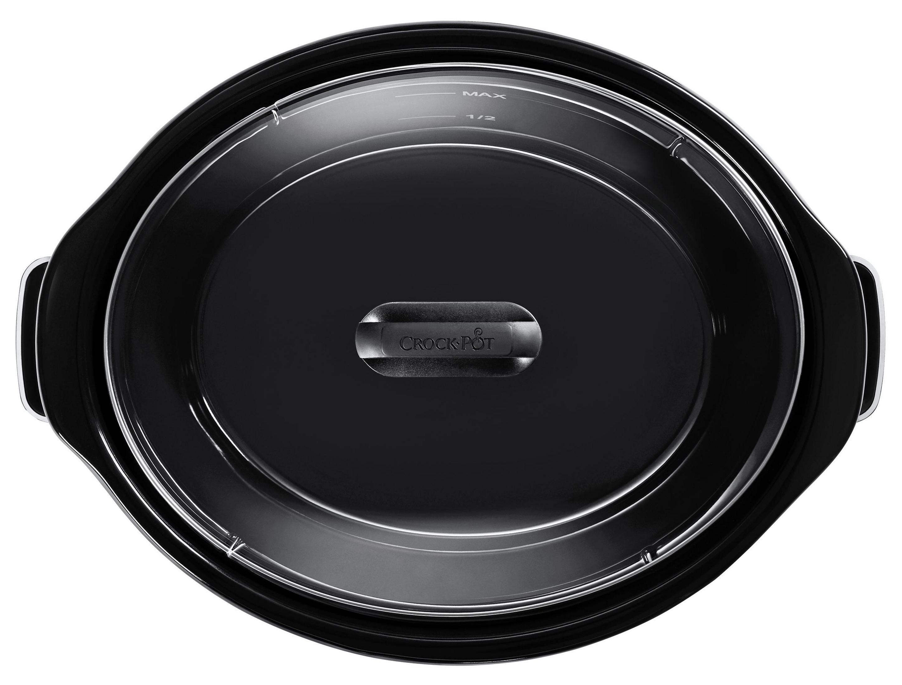 Schwarzer Slow Cooker mit durchsichtigem Deckel, von oben betrachtet. Innenraum ist schwarz, sauber und gut beleuchtet.