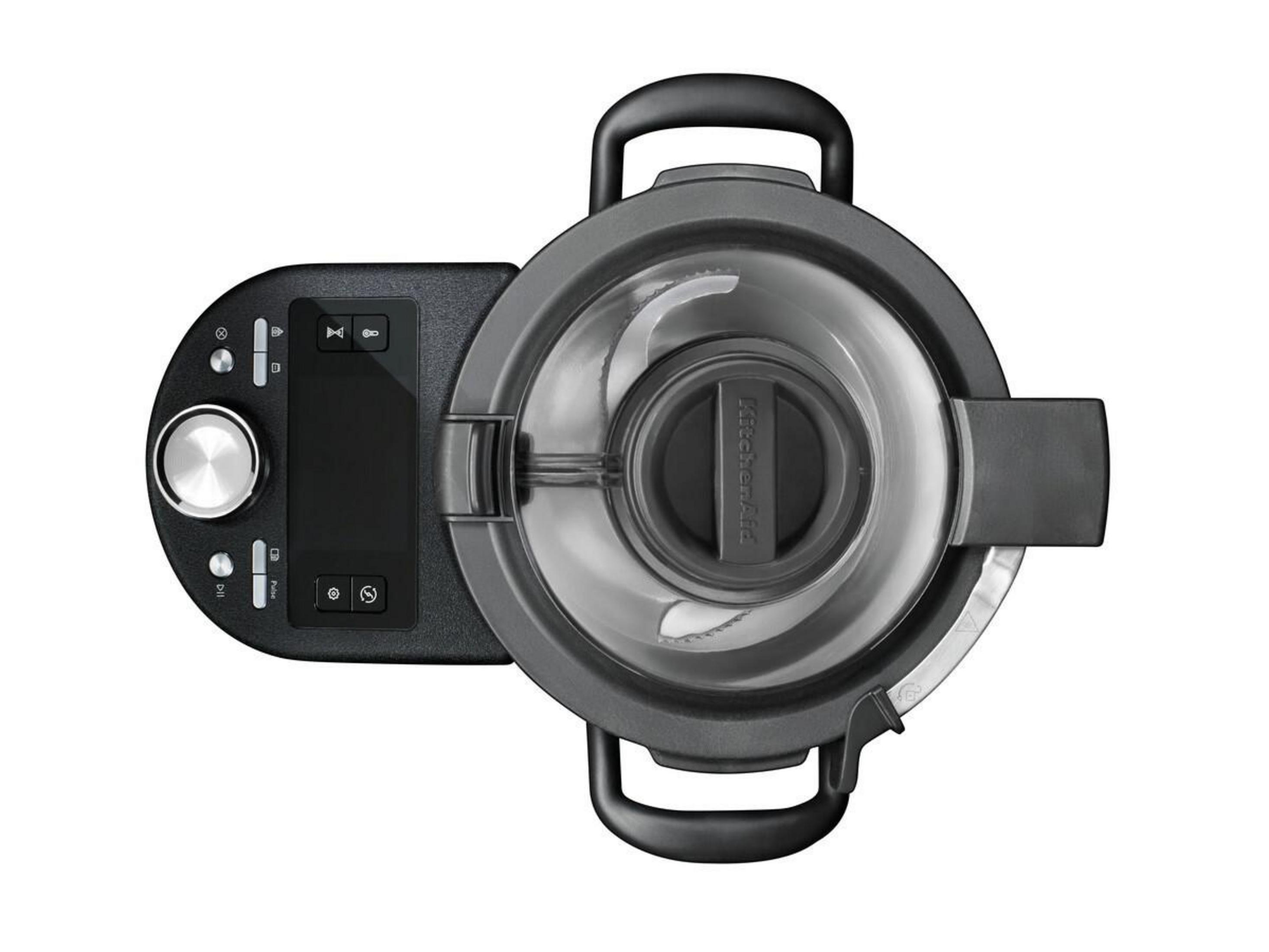 Draufsicht auf einen KitchenAid-Küchenroboter, schwarz mit zwei Griffen und Bedienelementen.