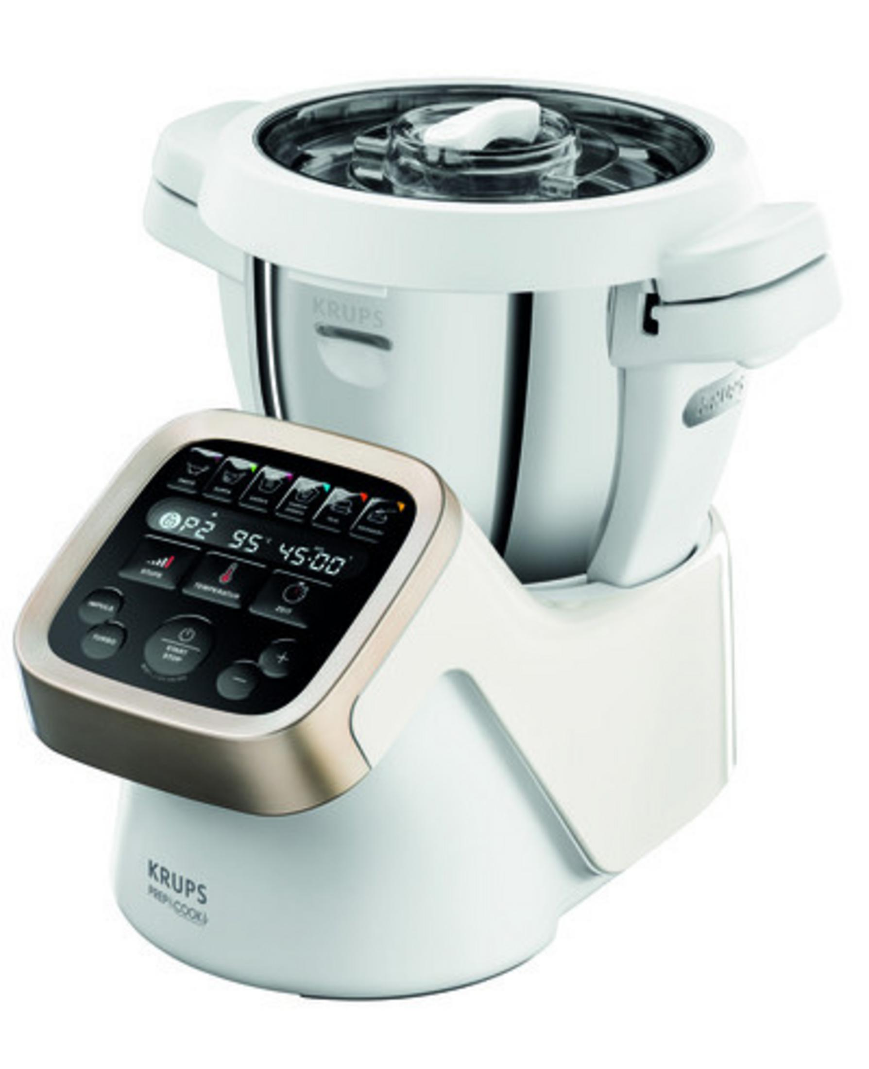 Ein weißer Krups Prep&Cook-Küchenroboter mit Digitalanzeige und Knöpfen auf weißer Oberfläche.