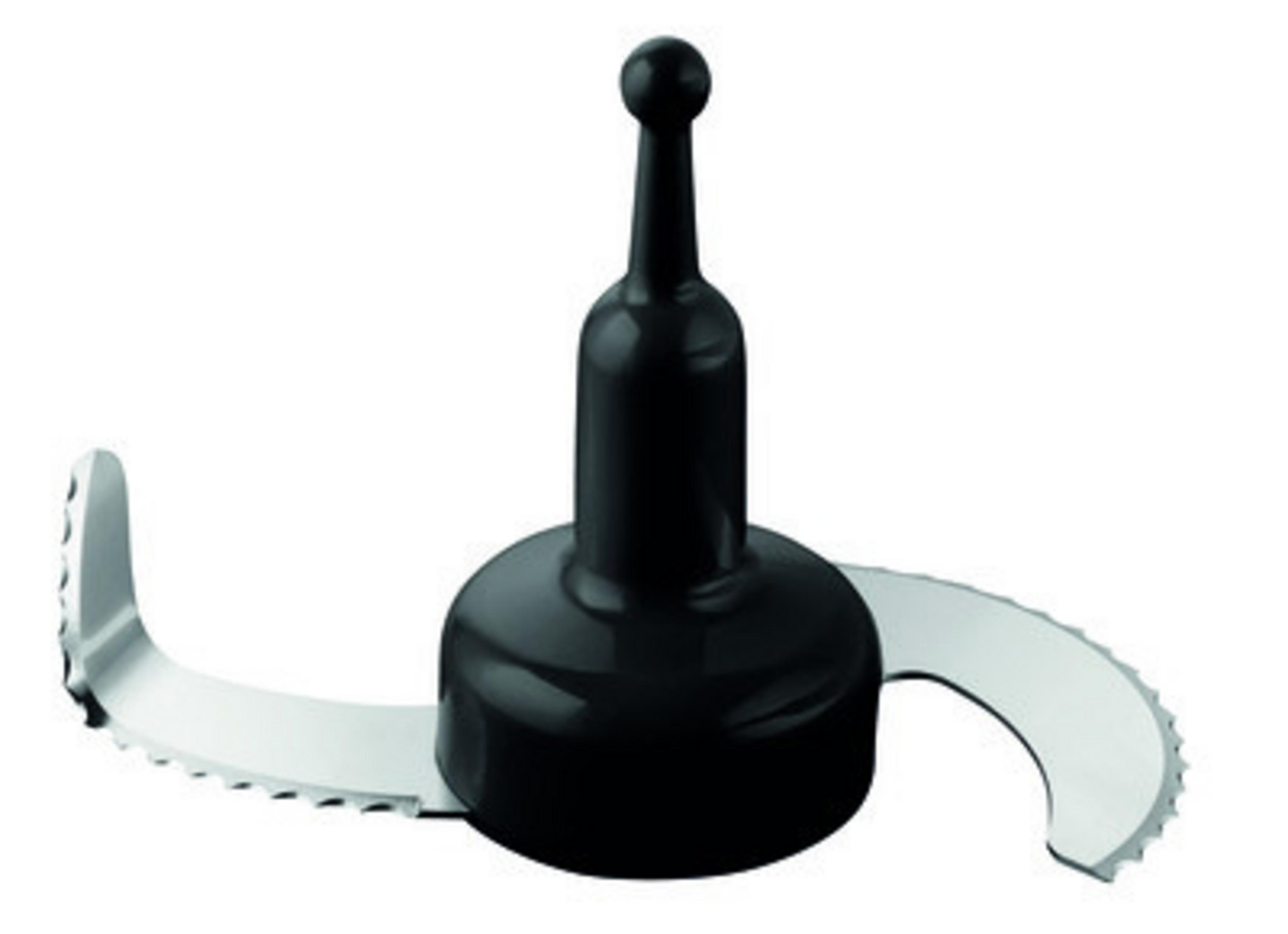 Schwarze Küchenmaschinenklinge mit gebogener Klinge und schwarzem Aufsatz.