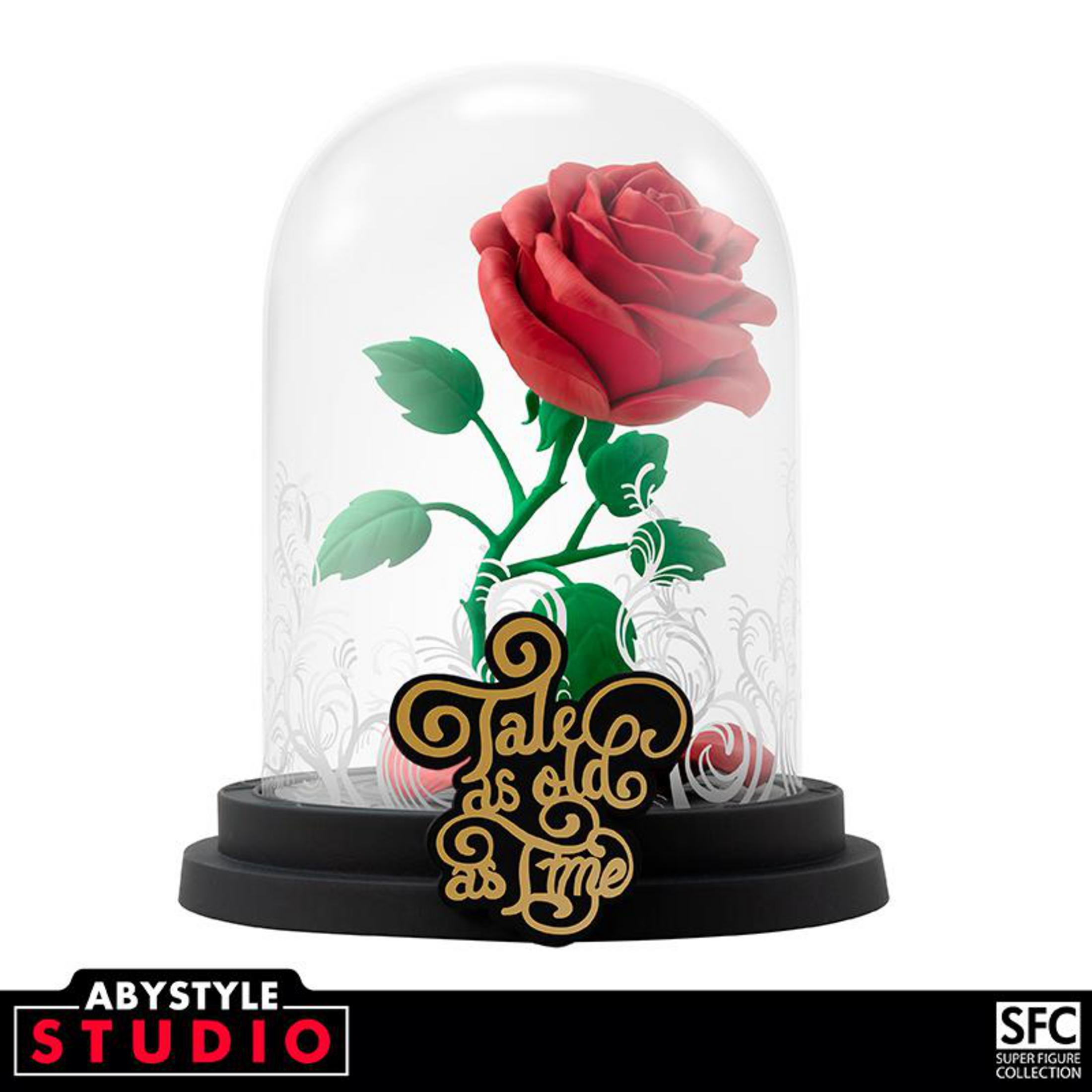 Die Schöne und das Biest Rose in einer Glaskuppel. Goldener Schriftzug auf schwarzer Basis.