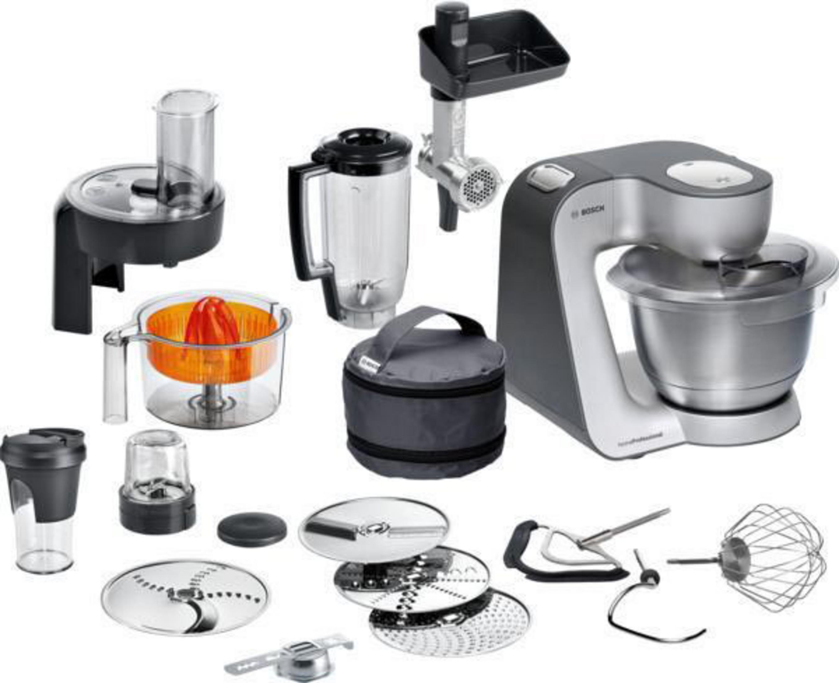 Eine Sammlung von Küchengeräten und Zubehör, darunter ein Mixer, ein Mixer und eine Küchenmaschine.