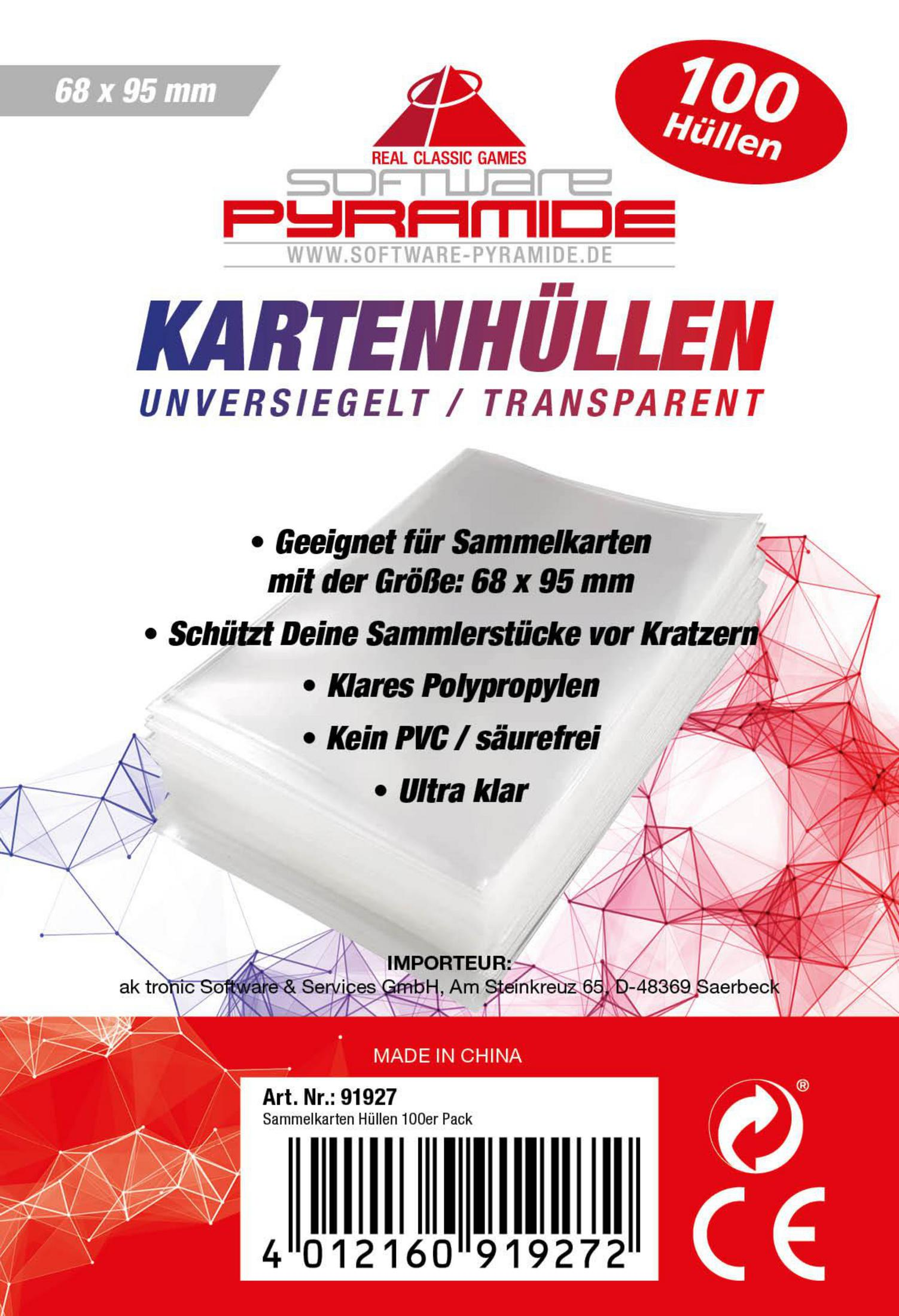 Kartenhüllen-Verpackung mit Text, weißen Hüllen und roter und blauer Grafik auf weißem Hintergrund.