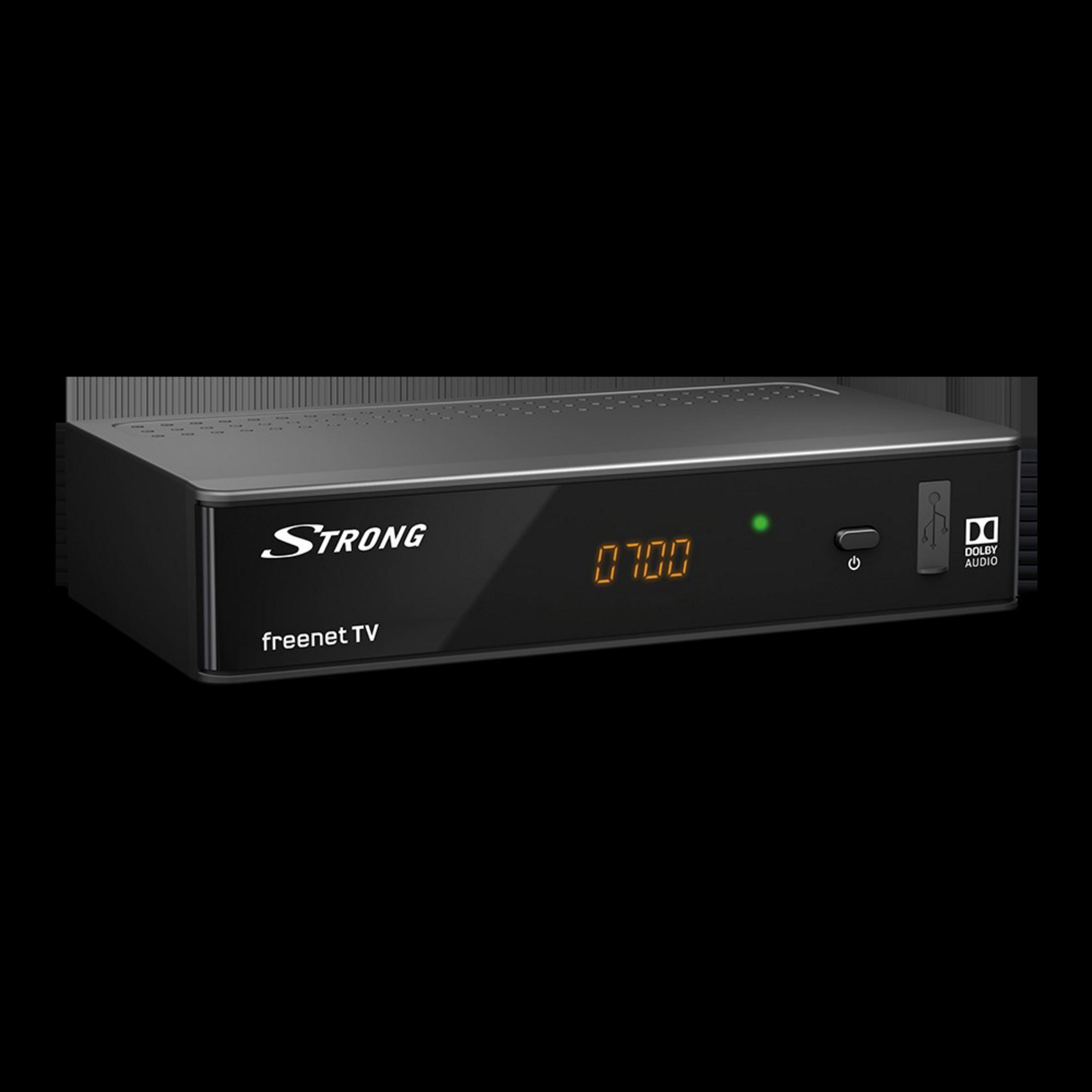 Ein schwarzer digitaler Receiver mit dem Markennamen "STRONG" und einem Bildschirm, der die Uhrzeit anzeigt.