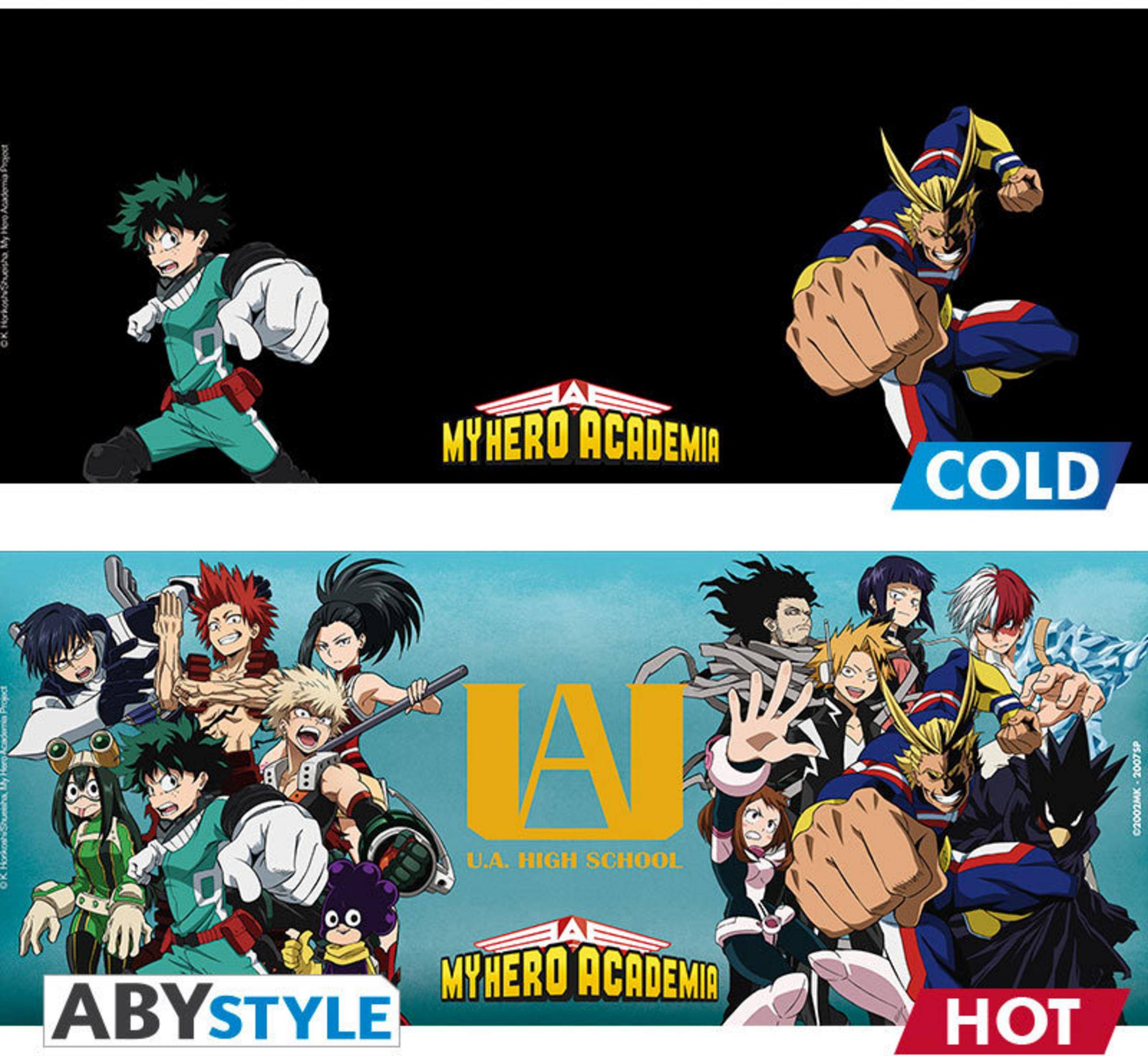 Dos tazas con personajes de My Hero Academia, una con Deku, la otra con varios personajes.