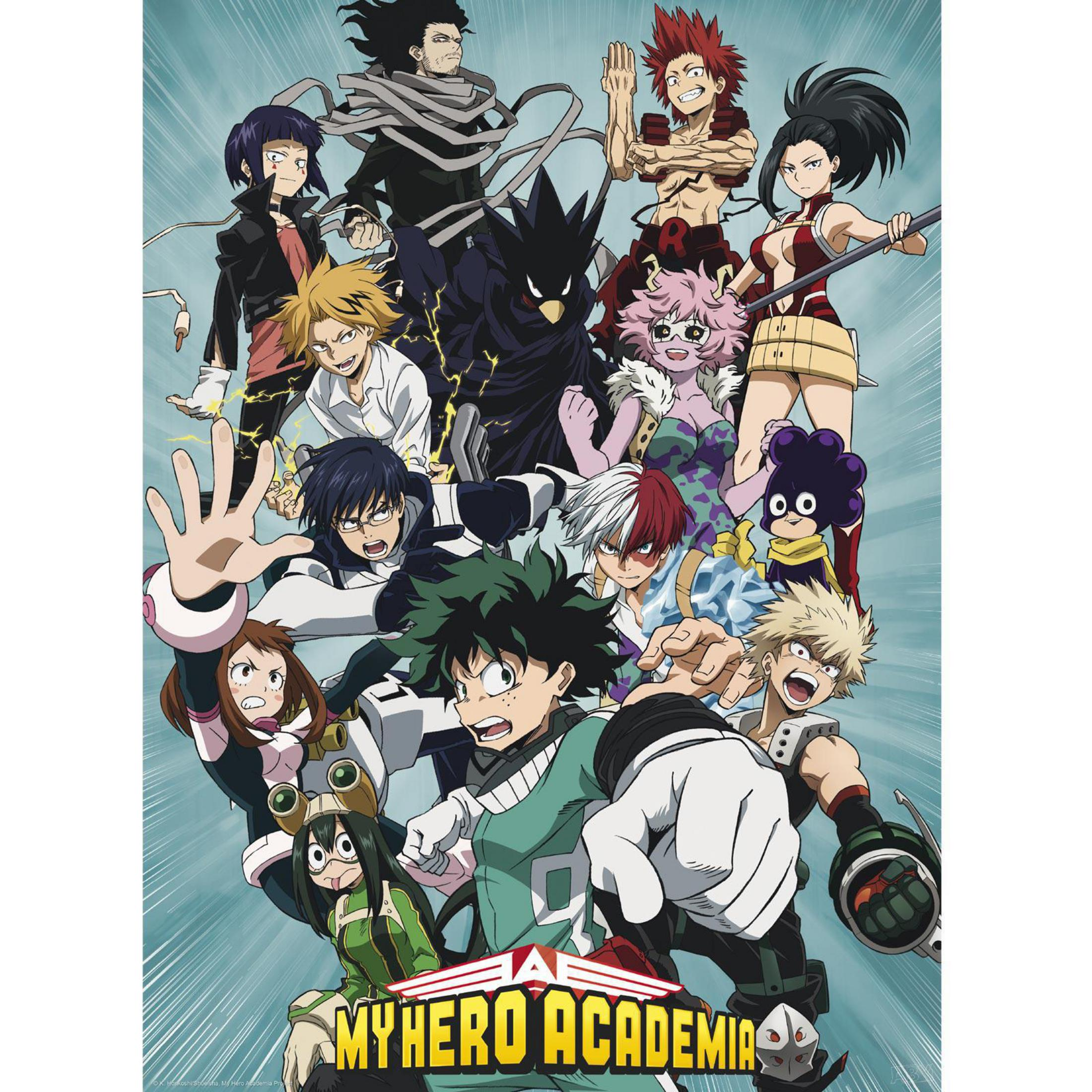 Poster mit My Hero Academia-Charakteren, mit verschiedenen bunten Anime-Figuren.