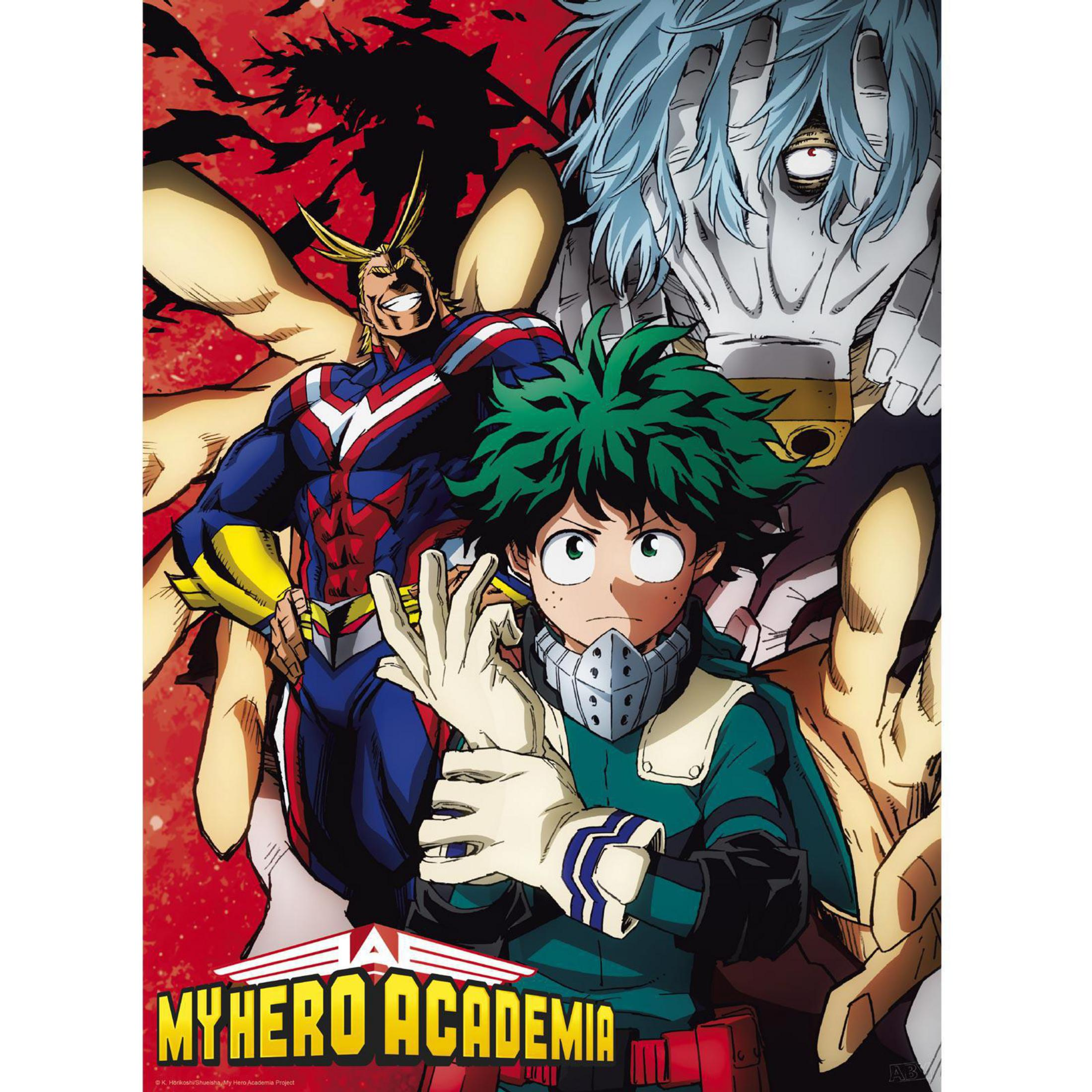 Anime-Poster mit drei Charakteren. Ein Held mit blauem und rotem Kostüm und zwei Schurken.