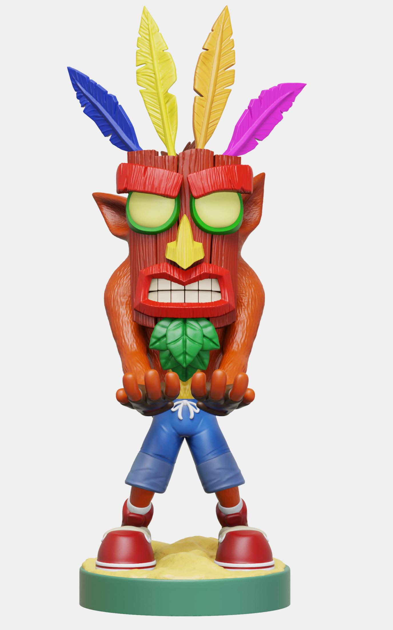 Eine Crash Bandicoot-Charakterfigur mit bunten Federn.