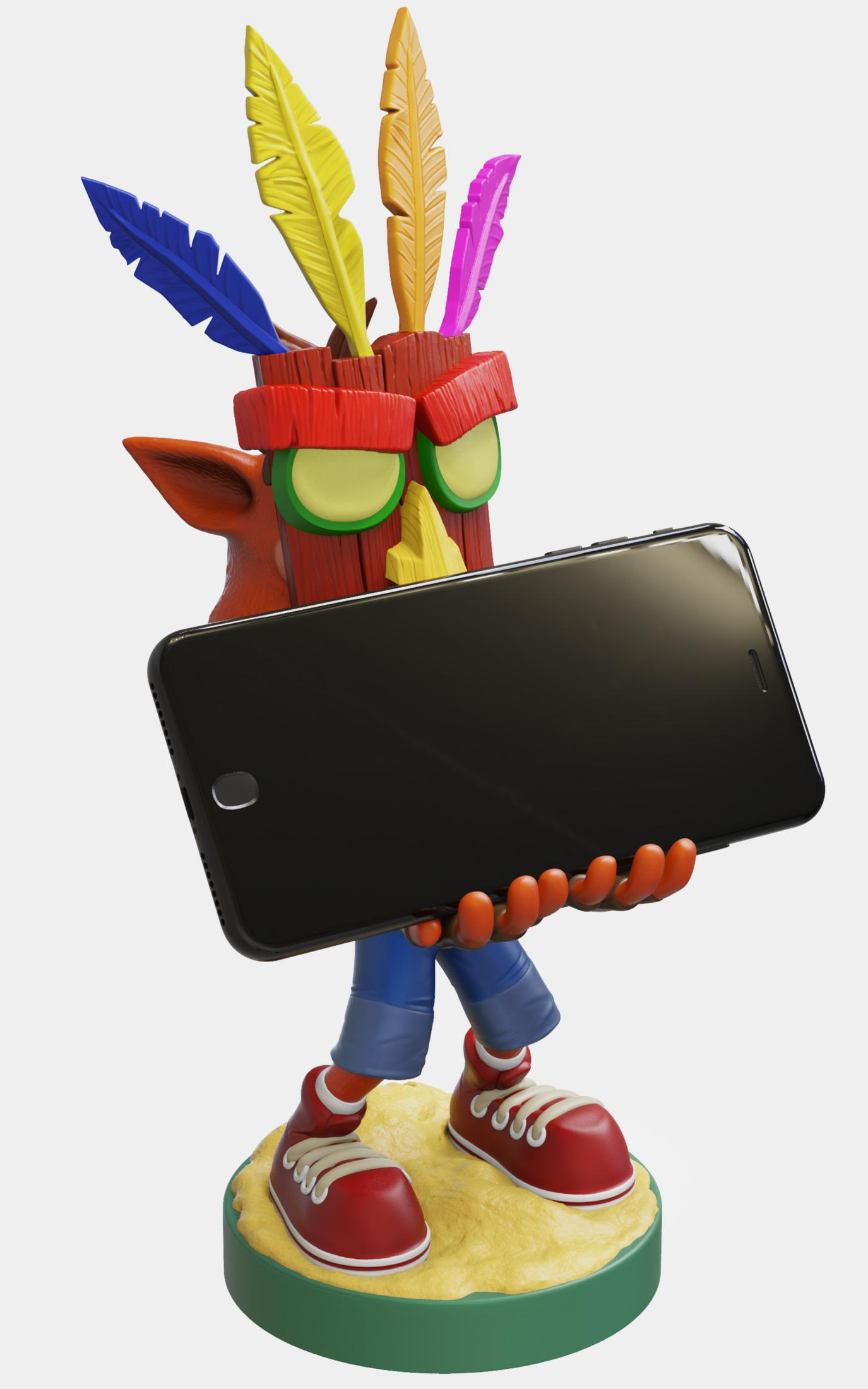 Eine Zeichentrickfigur hält ein Telefon. Die Figur hat eine Maske und bunte Federn auf dem Kopf.