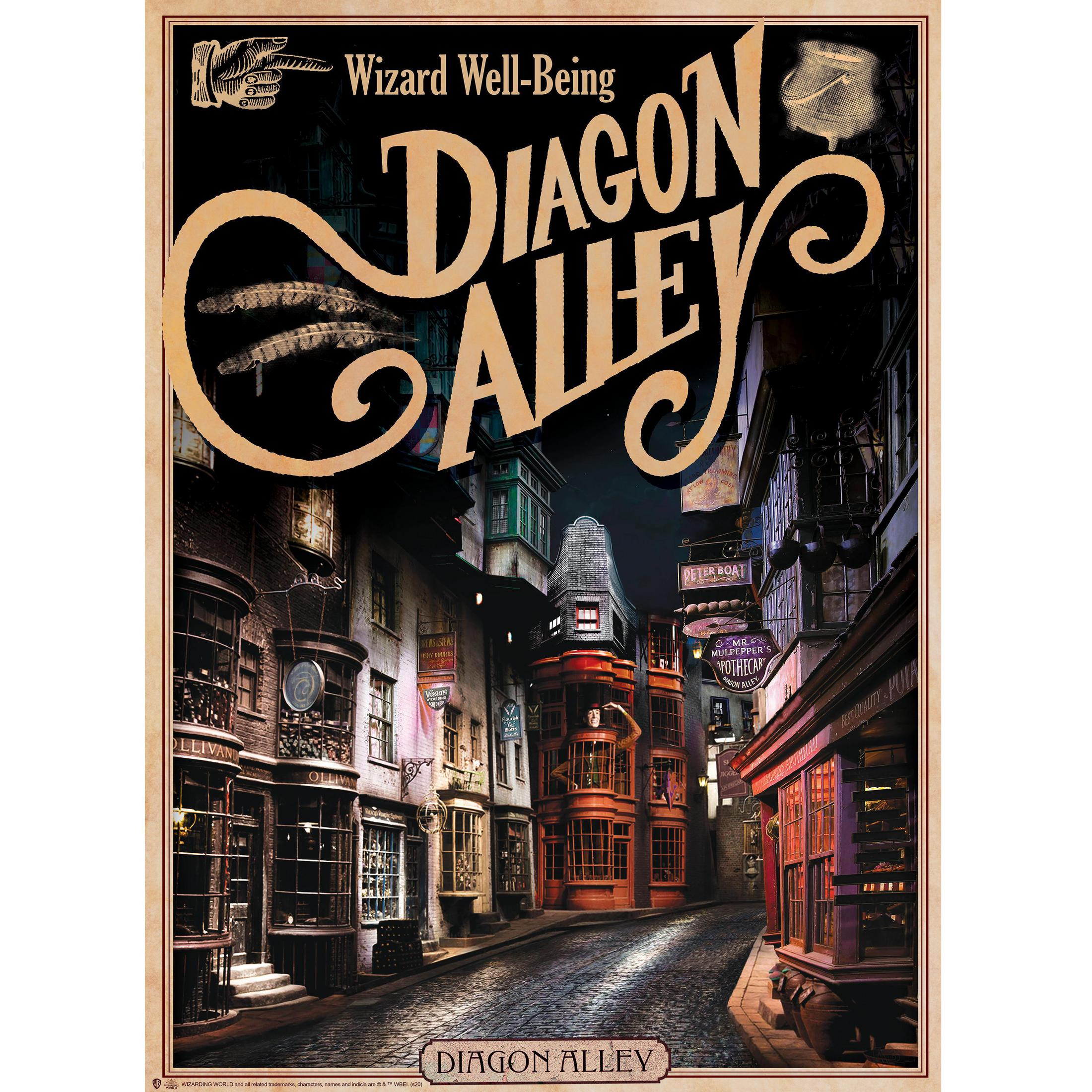 Diagon Alley-Poster; Kopfsteinpflaster, Geschäfte und die Worte "Diagon Alley".