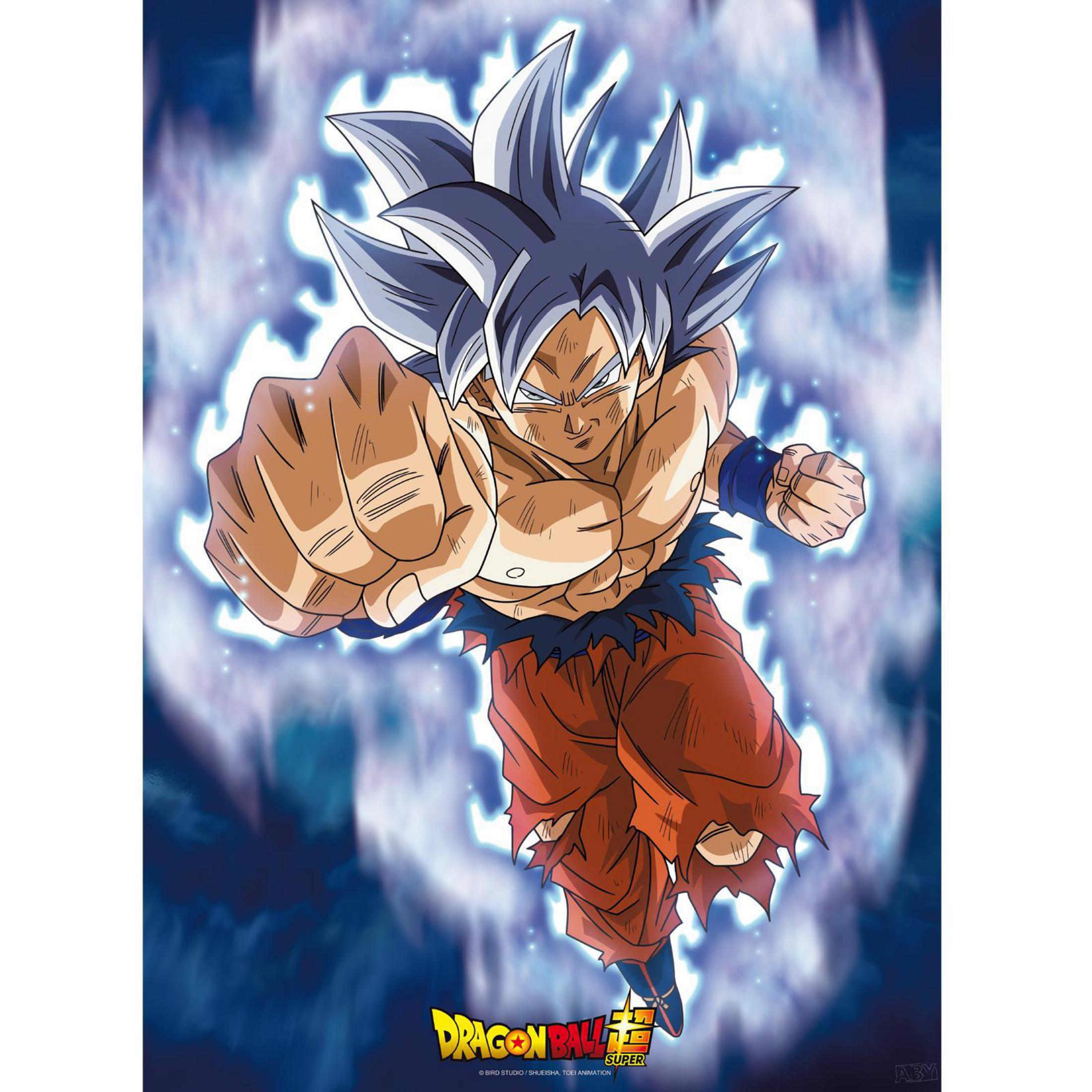 Dragon Ball Super Illustration. Goku in Ultra-Instinkt-Form, fliegt nach vorne mit erhobener Faust. Blaue Energie.