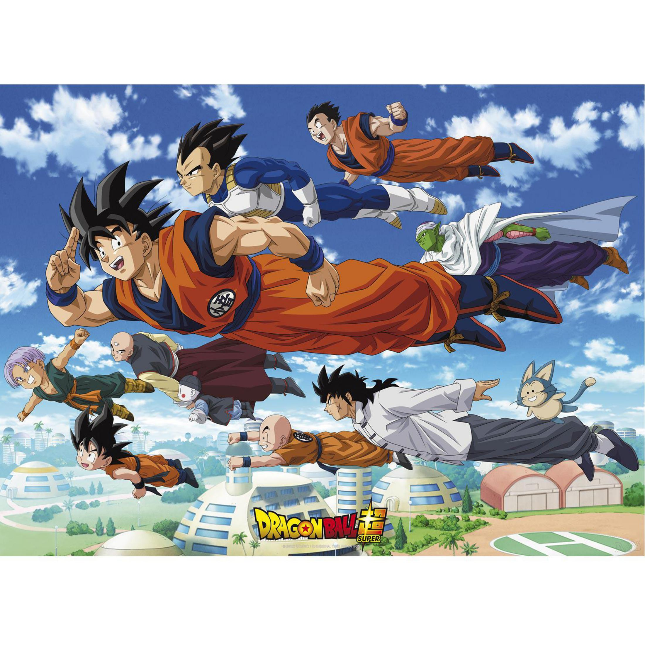 Dragon Ball Z-Charaktere fliegen in einem blauen Himmel mit Wolken.
