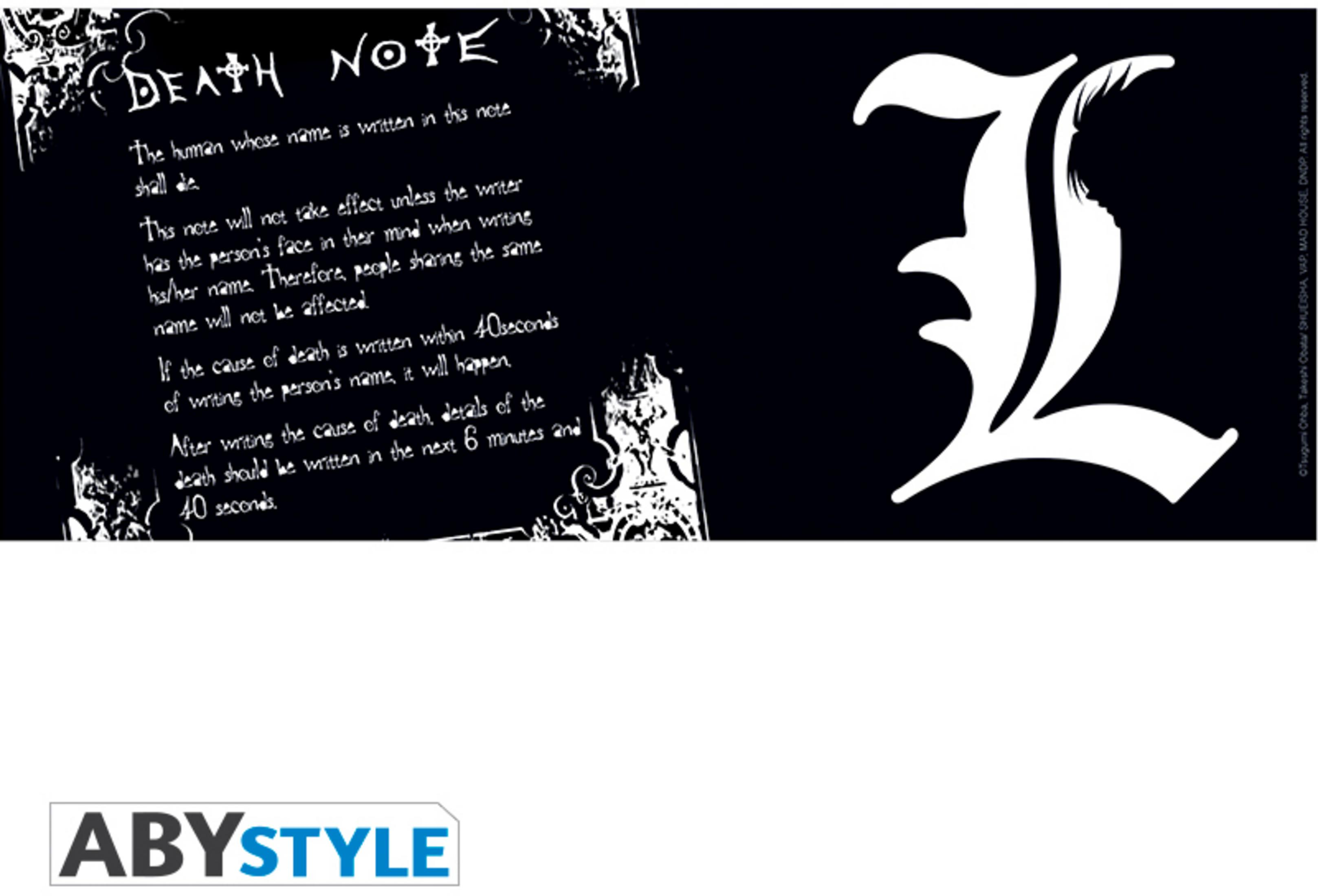 Schwarz-Weiß-Bild mit Text aus Death Note und dem Buchstaben 'L'.
