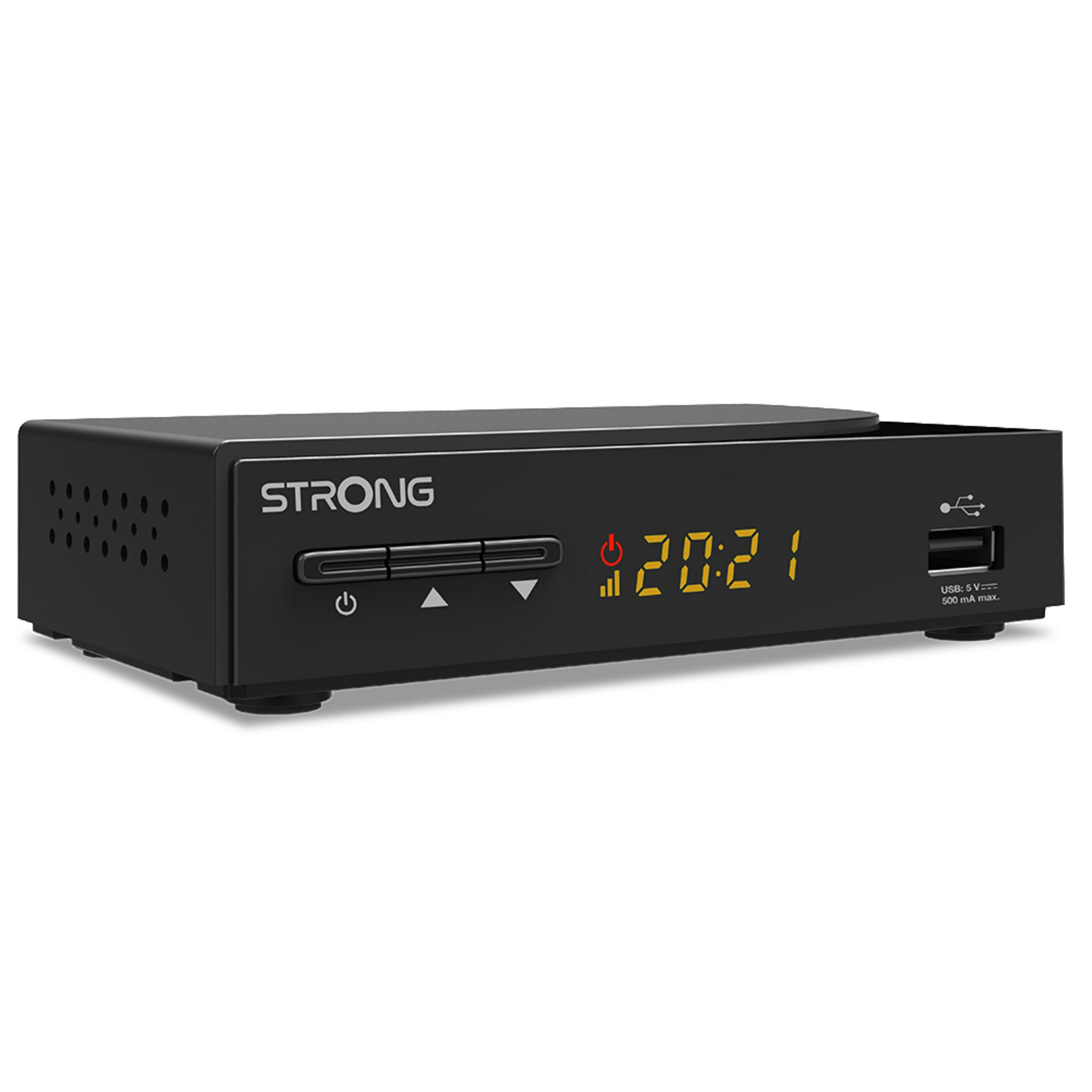 Ein schwarzer digitaler Receiver mit einem Bildschirm, der die Uhrzeit anzeigt, mit einem USB-Anschluss.