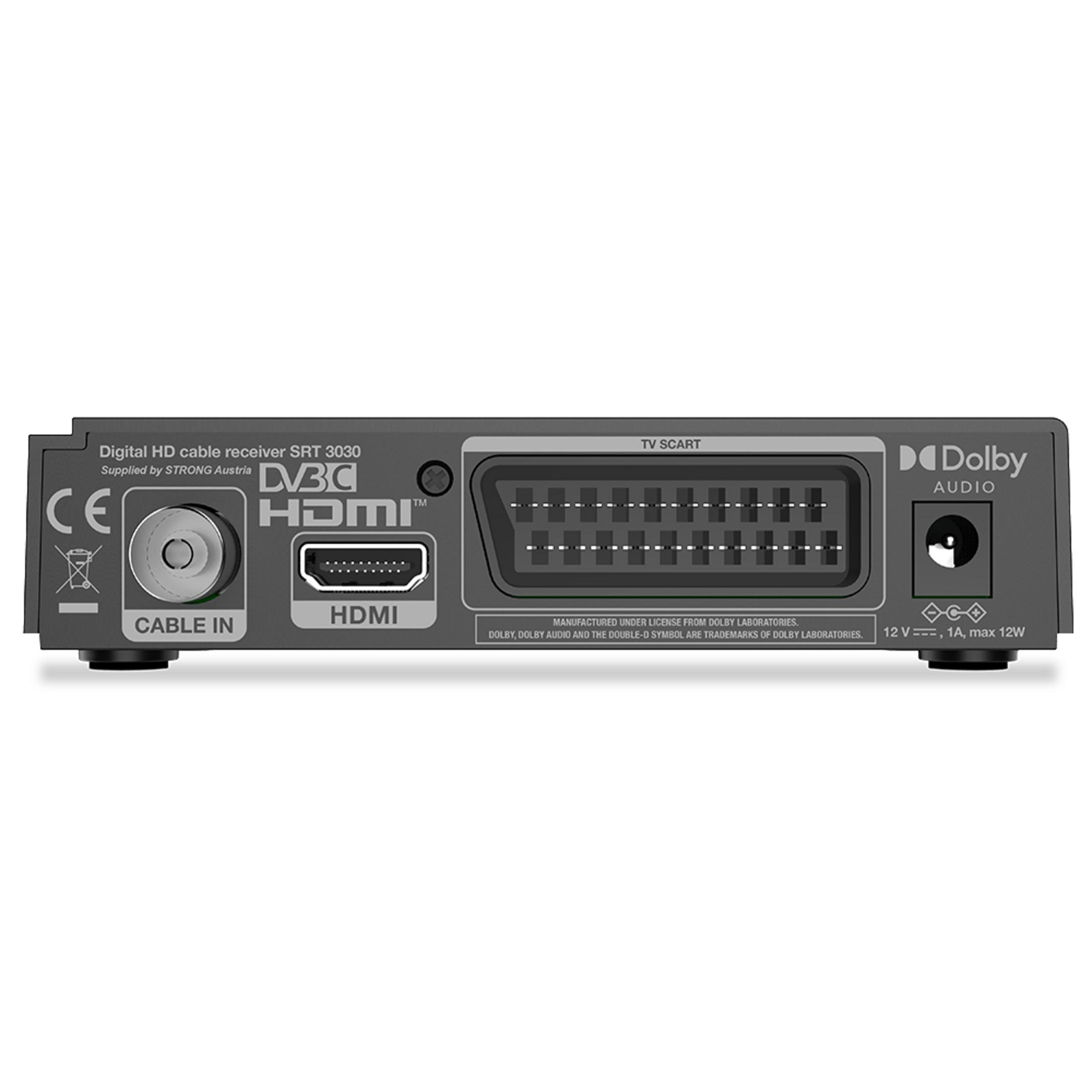 Rückseite eines schwarzen digitalen HD-Kabelreceivers mit Anschlüssen und der Aufschrift 'STRONG Austria'.