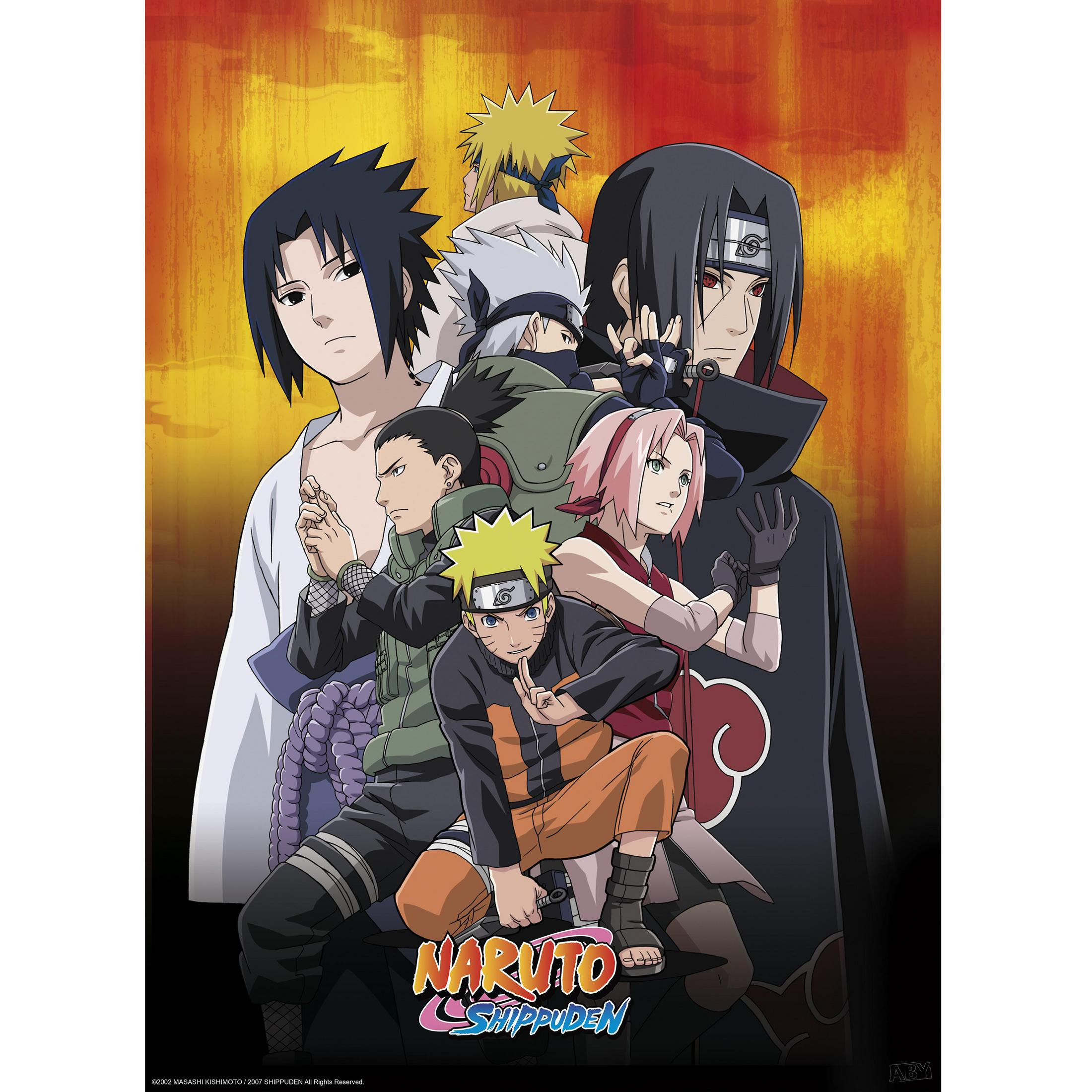 Anime-Poster von Naruto-Charakteren. Naruto, Sasuke und andere sind abgebildet. Ein orangefarbener Hintergrund.