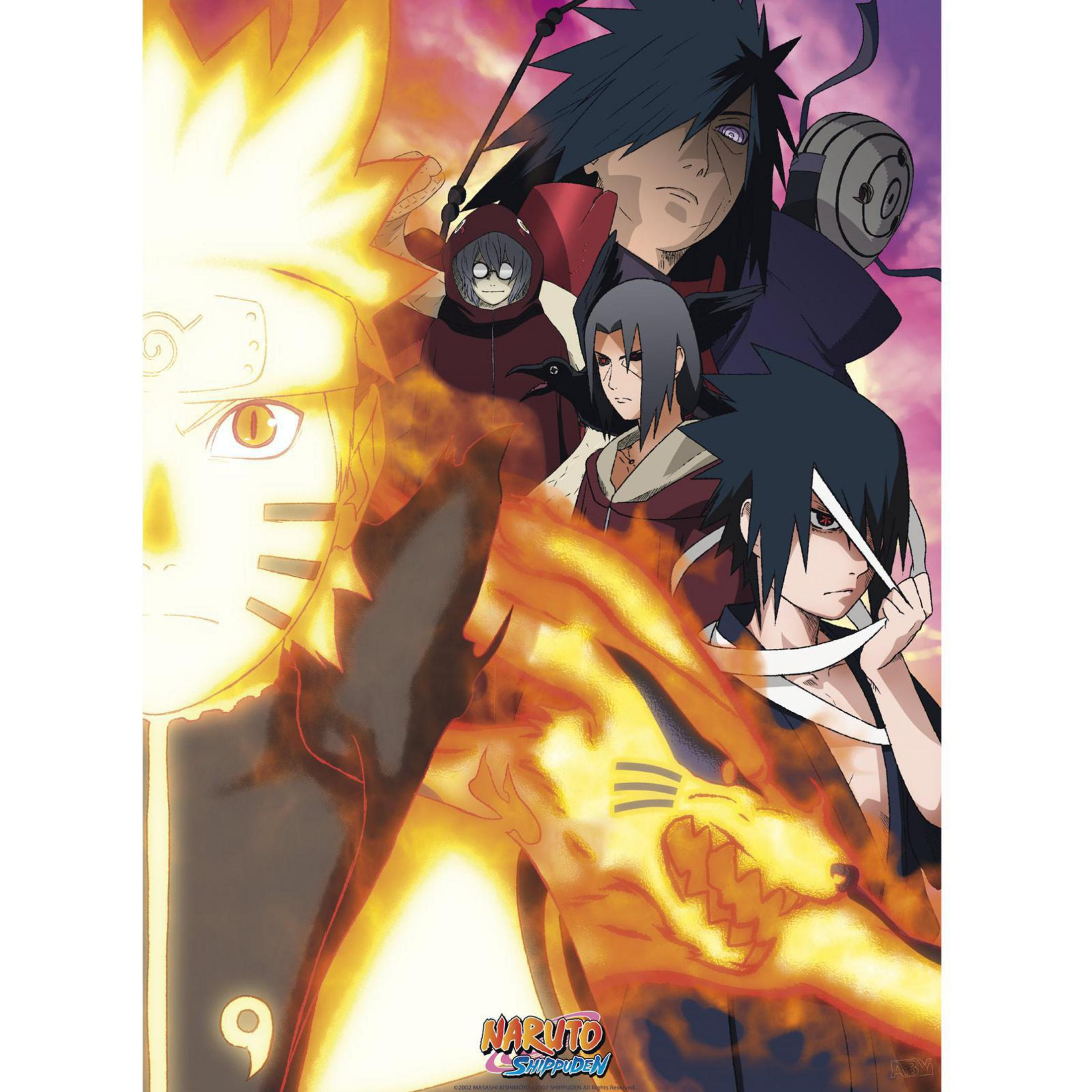 Poster mit Naruto Shippuden-Charakteren. Enthält Naruto, Sasuke und andere Anime-Figuren.