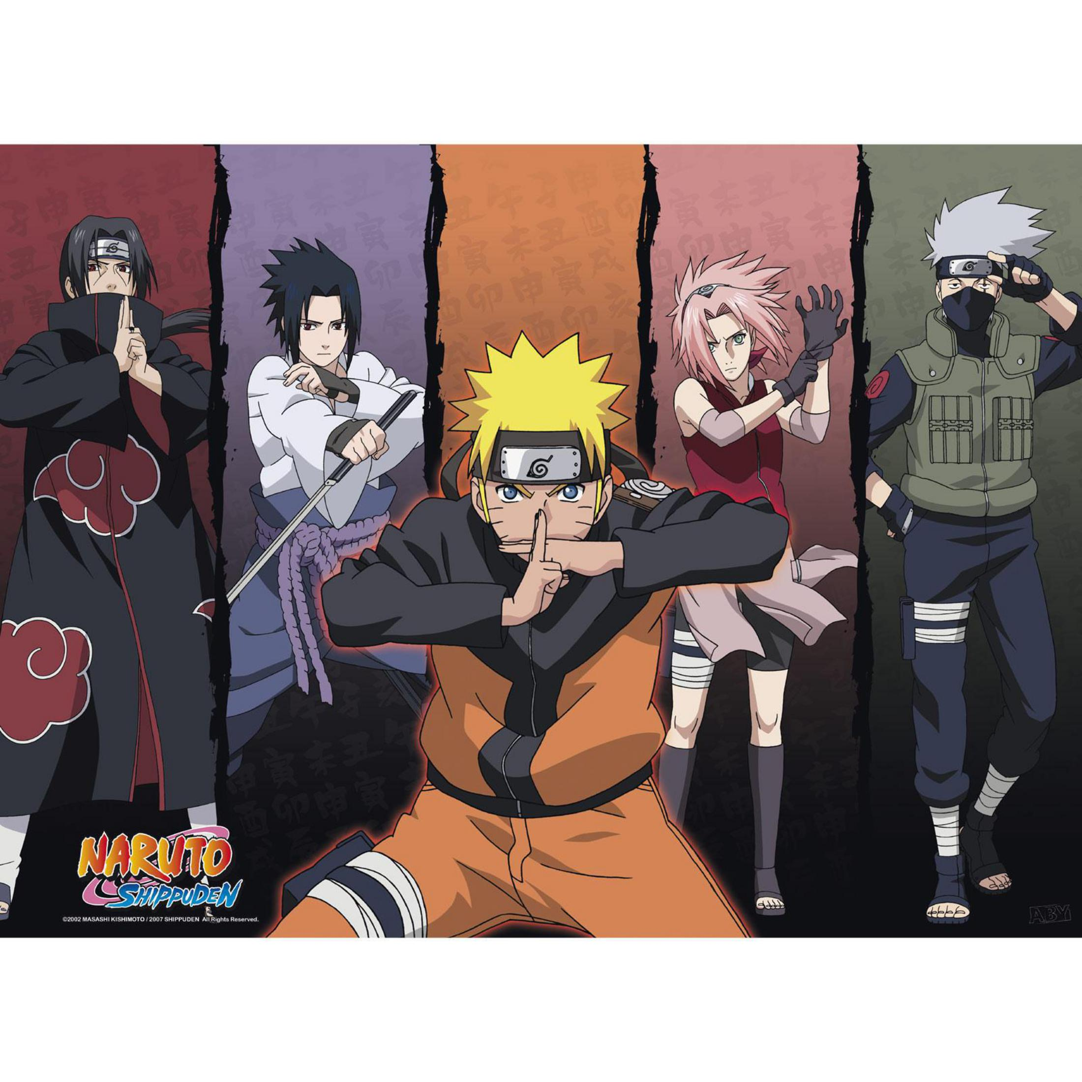 Naruto und andere Anime-Charaktere in einer Gruppe. Sie stehen vor einem lila und schwarzen Hintergrund.