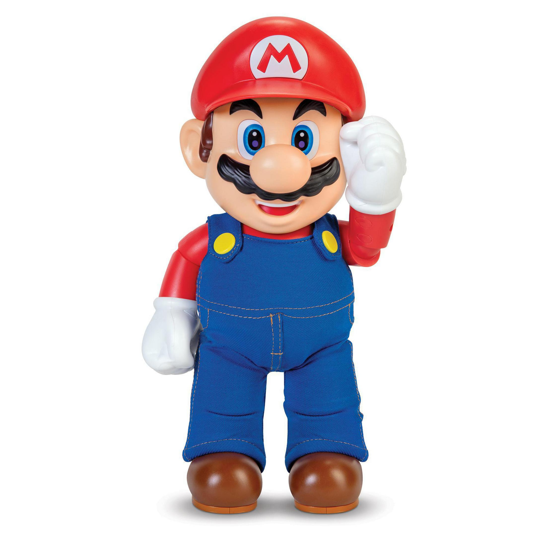 Mario-Figur in rotem Hut, blauer Latzhose. Weiße Handschuhe, stehend. Weißer Hintergrund.