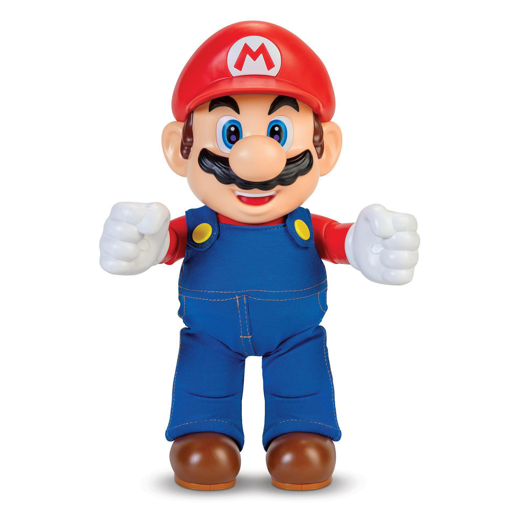 Mario-Figur. Trägt roten Hut, blaue Latzhose, weiße Handschuhe. Stehend, lächelnd.