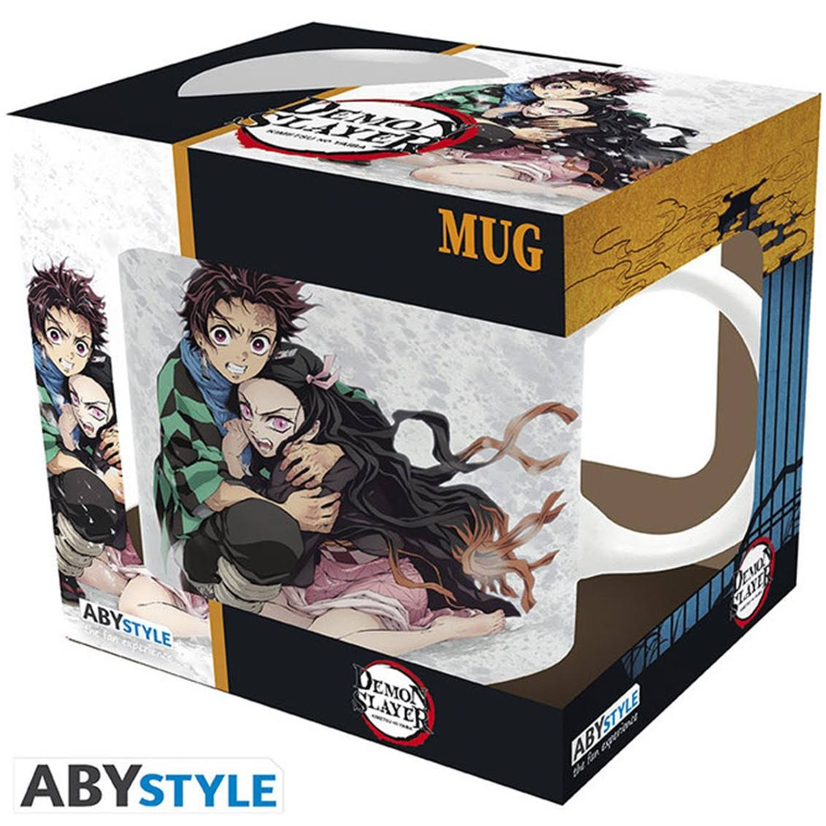 Tasse in einer Box mit Anime-Charakteren, die sich umarmen, mit weißem Henkel und Demon Slayer-Logo.