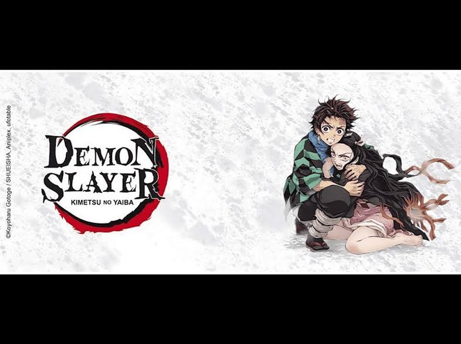 Demon Slayer Manga-Cover. Titel: Demon Slayer. Charaktere: Junge und Mädchen umarmen sich. Hintergrund: Weiß.