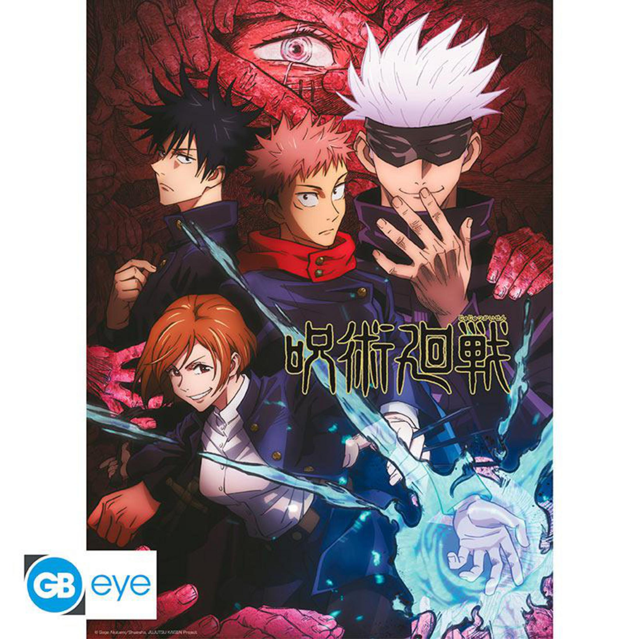 Anime-Poster mit Charakteren aus Jujutsu Kaisen, mit blauem und rotem Farbschema.