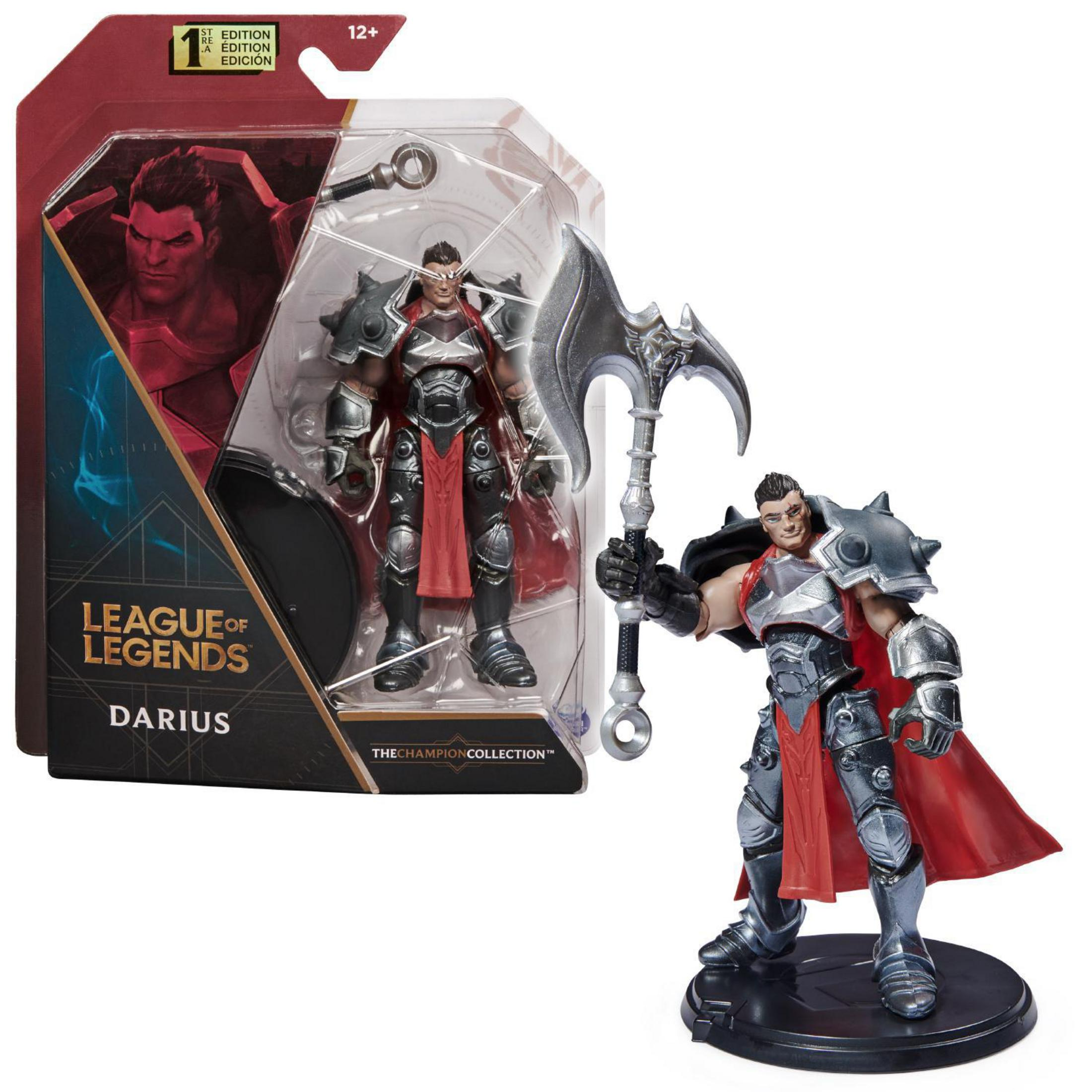 League of Legends Darius Figur in einer Box, mit großer Axt und schwarzer Basis.