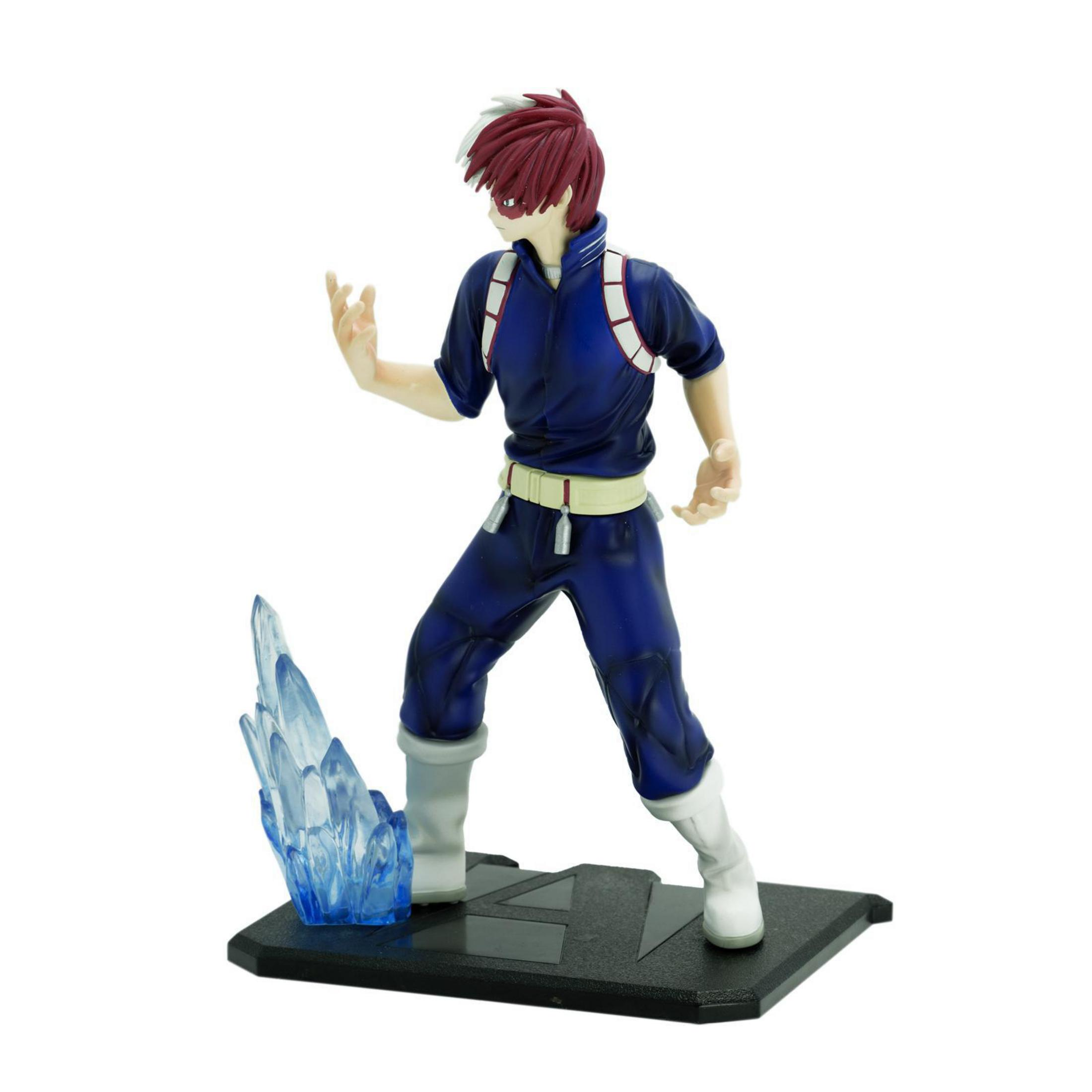 Anime-Figur einer Figur mit rot-weißem Haar, steht auf schwarzem Sockel mit Eis.