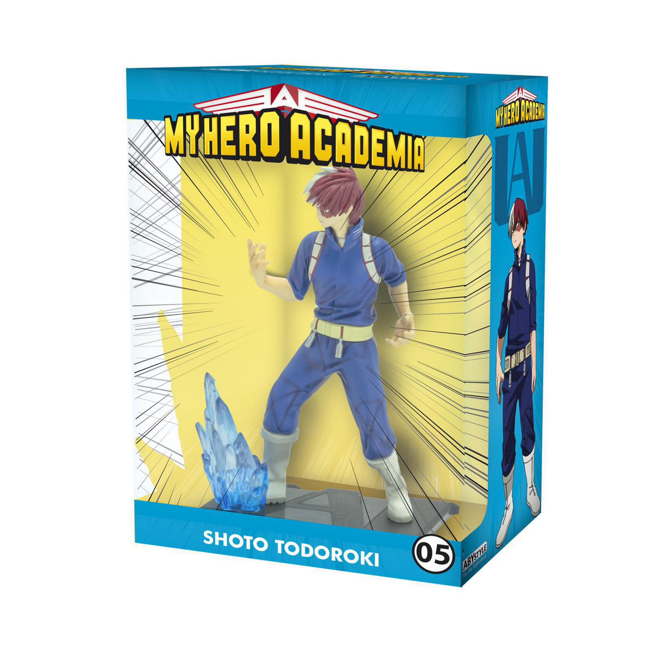 Eine My Hero Academia Shoto Todoroki Figur in einer Displaybox mit gelbem Hintergrund.