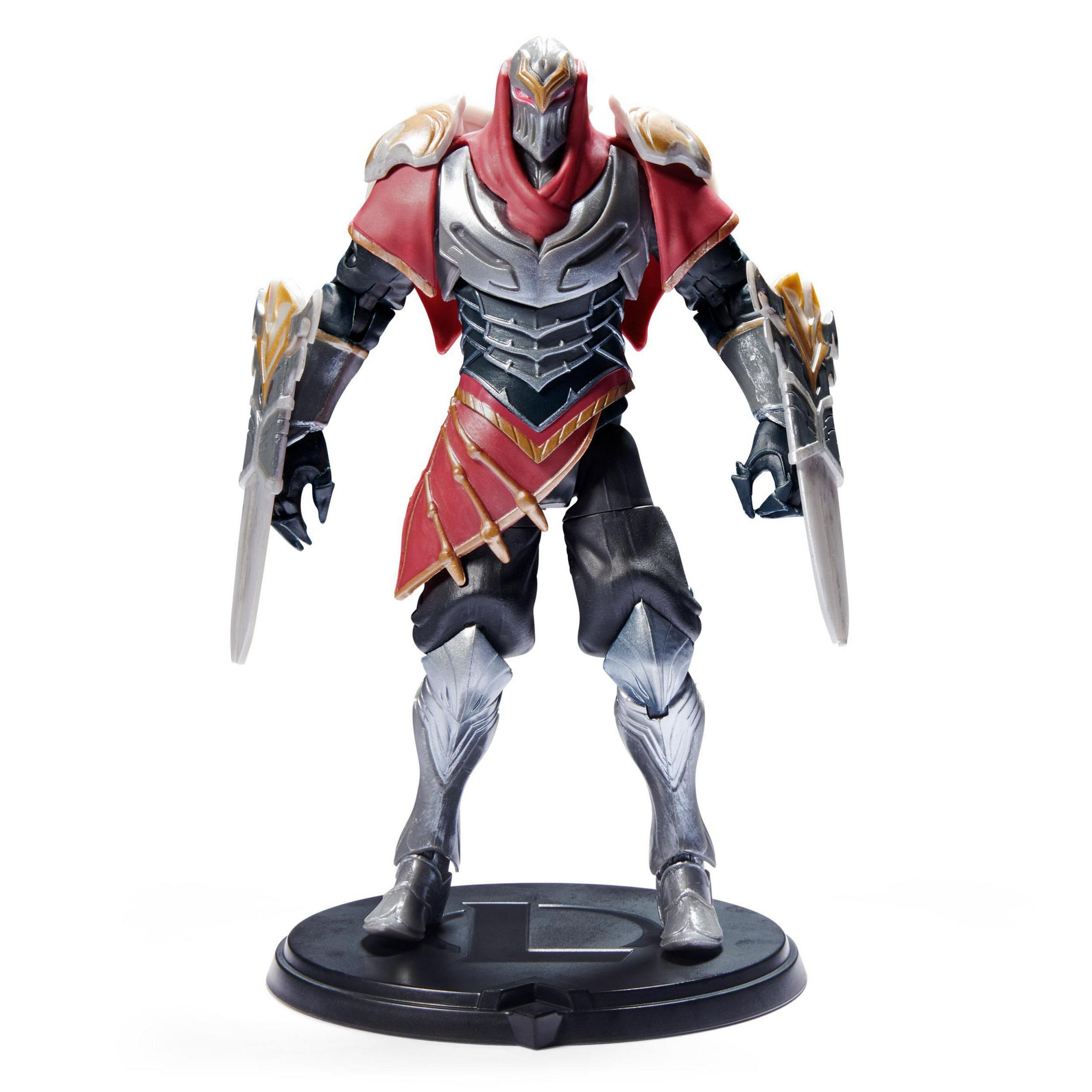 Actionfigur einer Figur mit roter und silberner Rüstung, und zwei Schwertern.