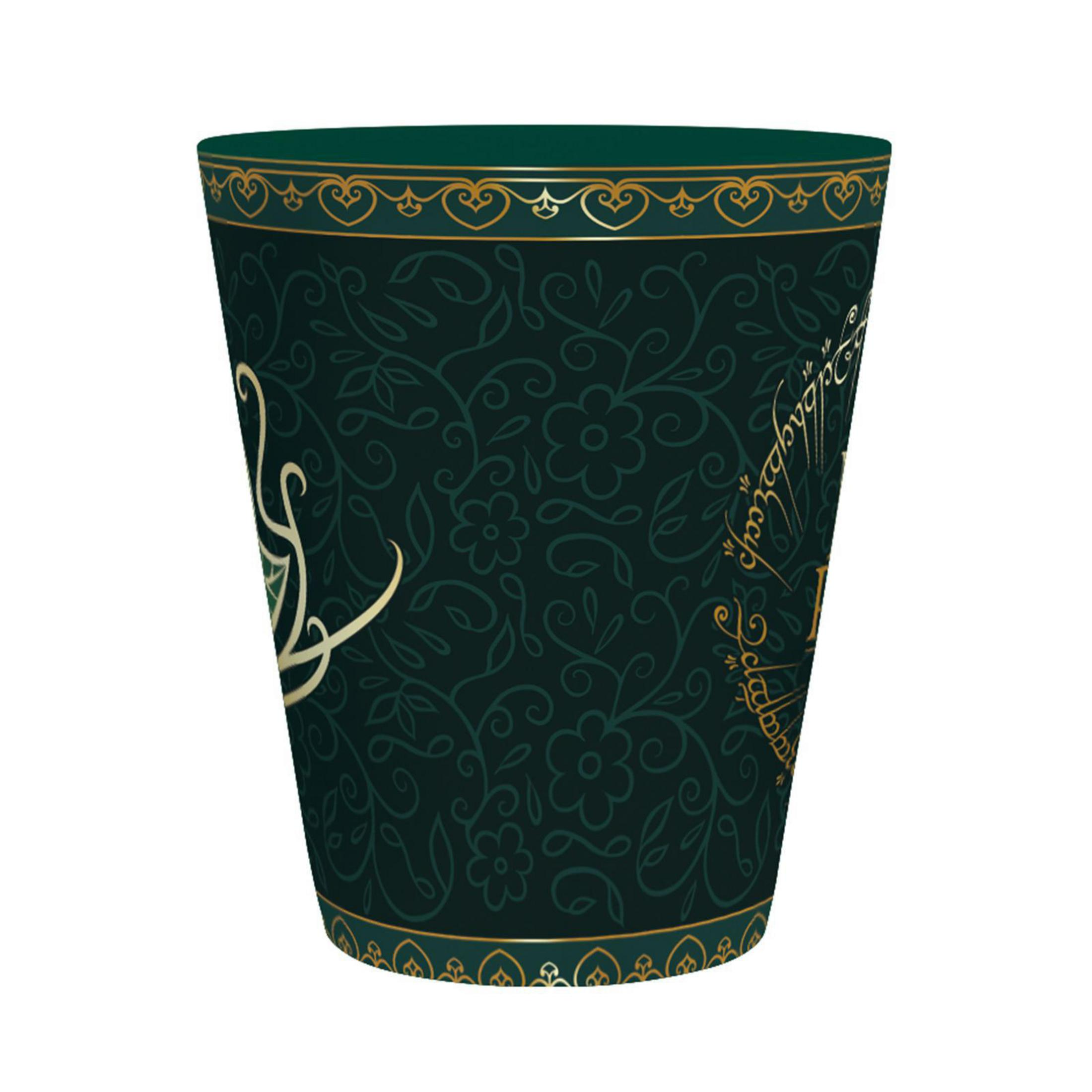 Grüner Becher mit floralem Design, goldenen Akzenten und einem Lord of the Rings-Thema.