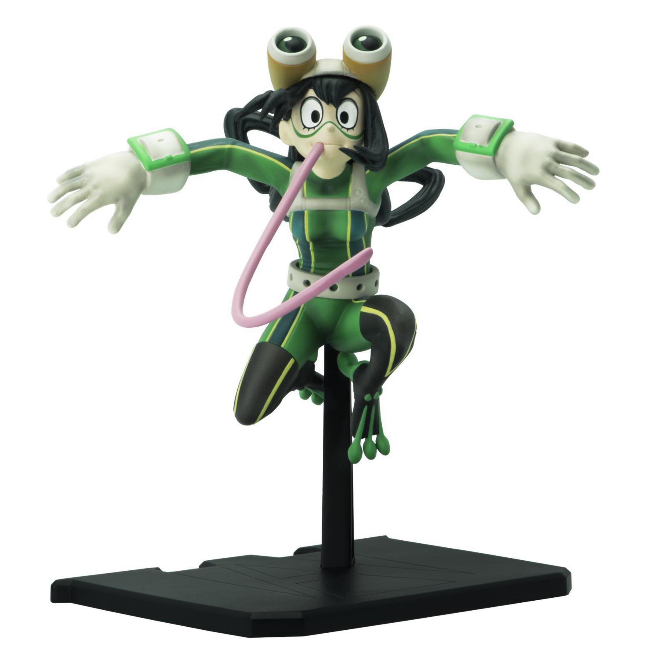 Eine Froppy-Figur in Sprungpose, mit ausgestreckten Armen und herausgestreckter Zunge.