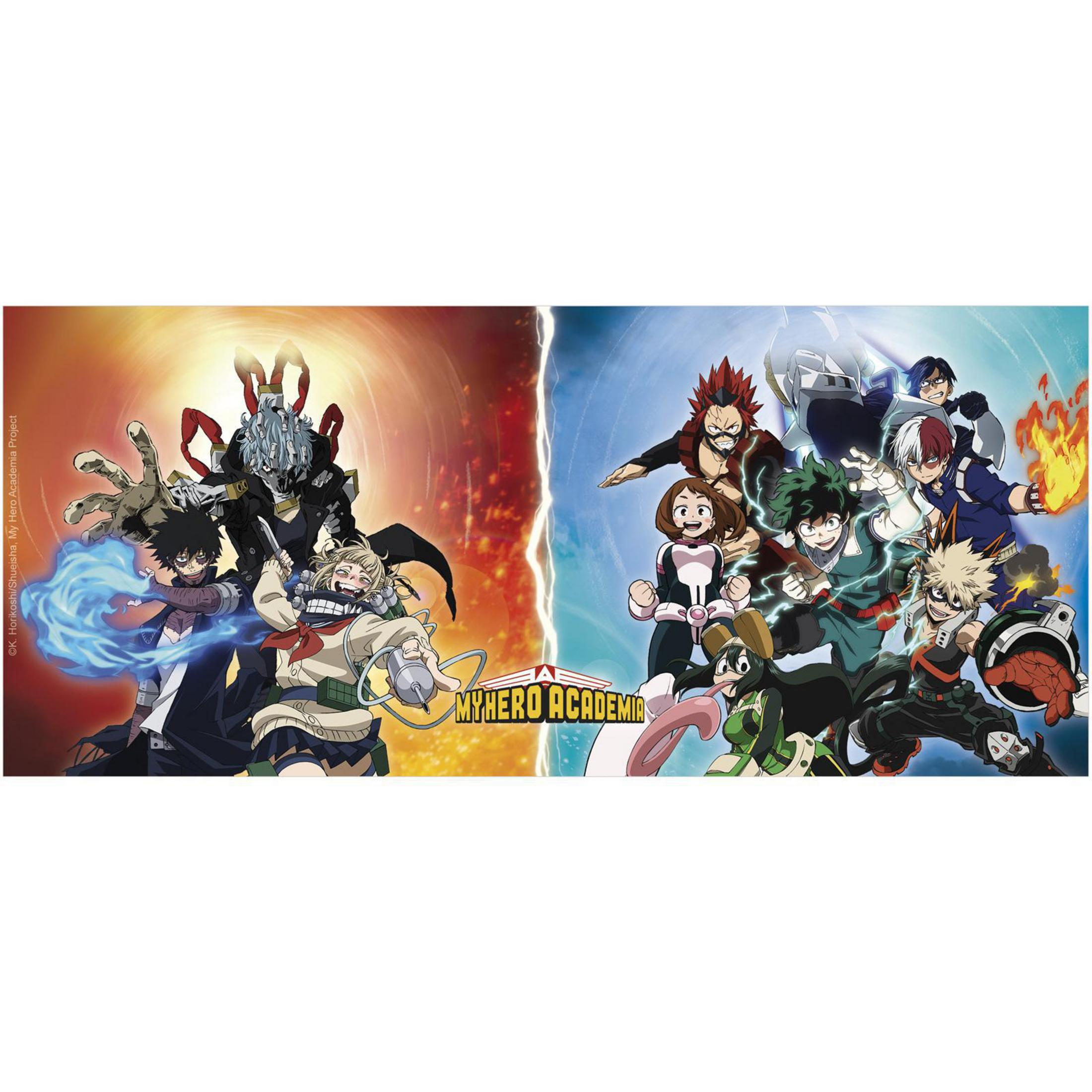 Póster de My Hero Academia con personajes. Dividido en dos con fuego y hielo.