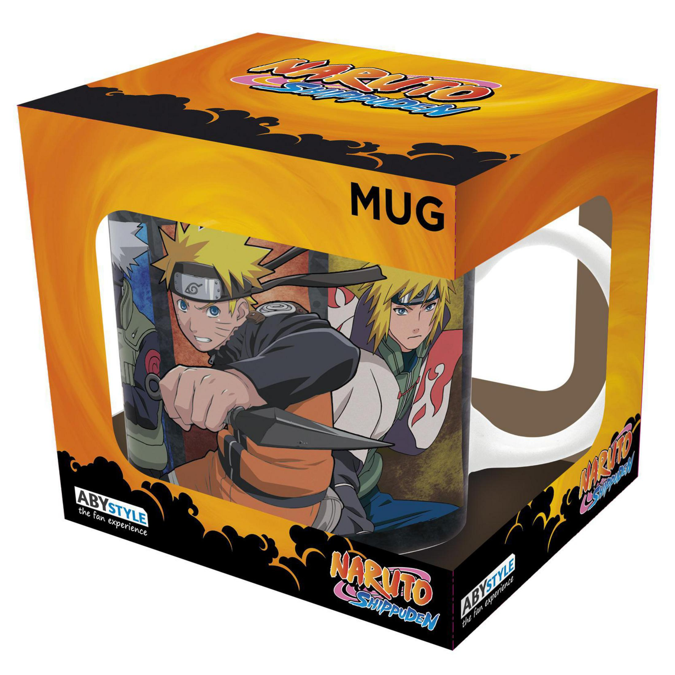 Naruto-Tasse in einer Box. Die Box zeigt Bilder der Tasse. Die Tasse zeigt Naruto-Charaktere.