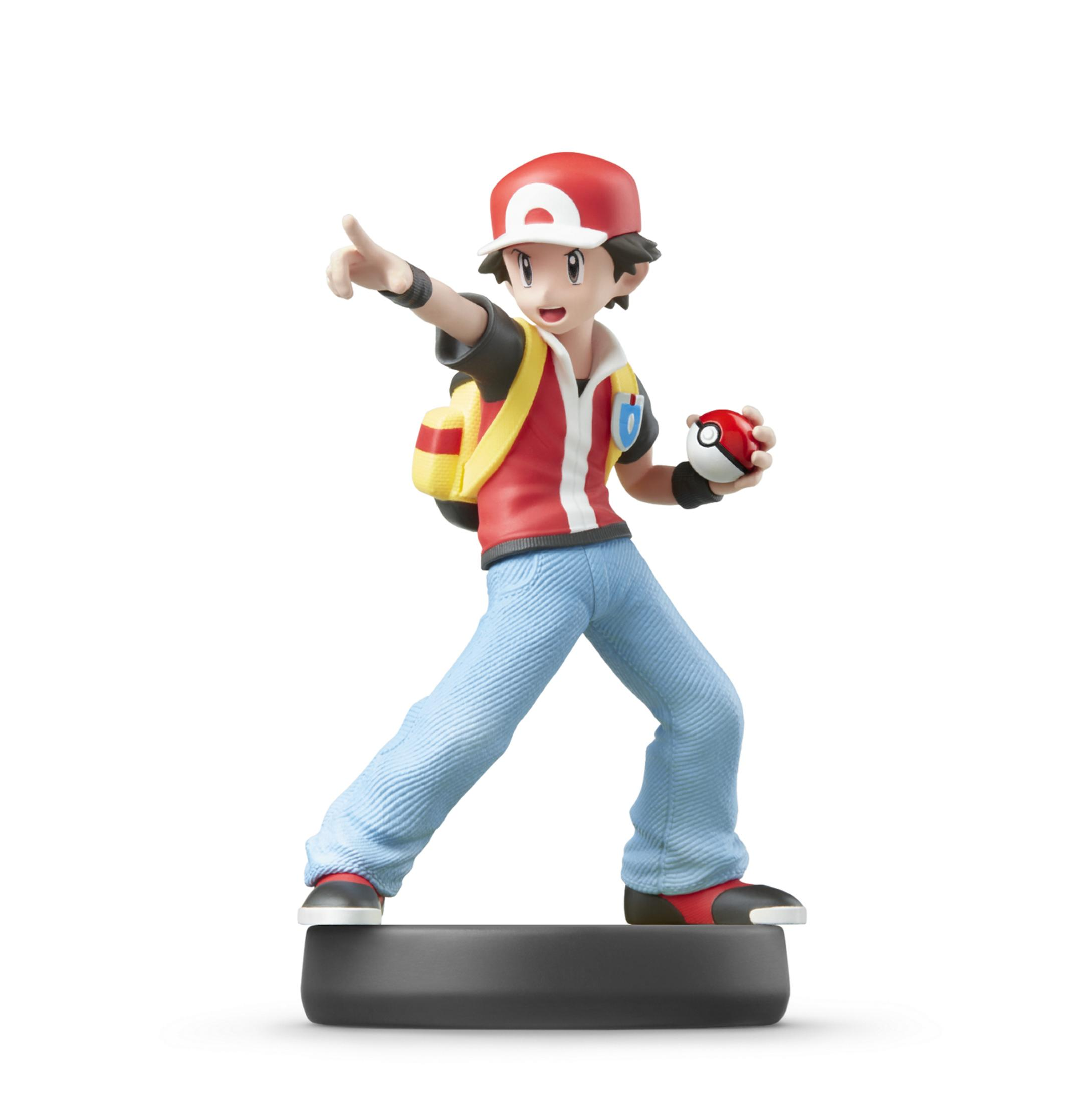 Figura di Red Pokémon. Cappello rosso, zaino giallo, tiene una Poké Ball. Su base nera.