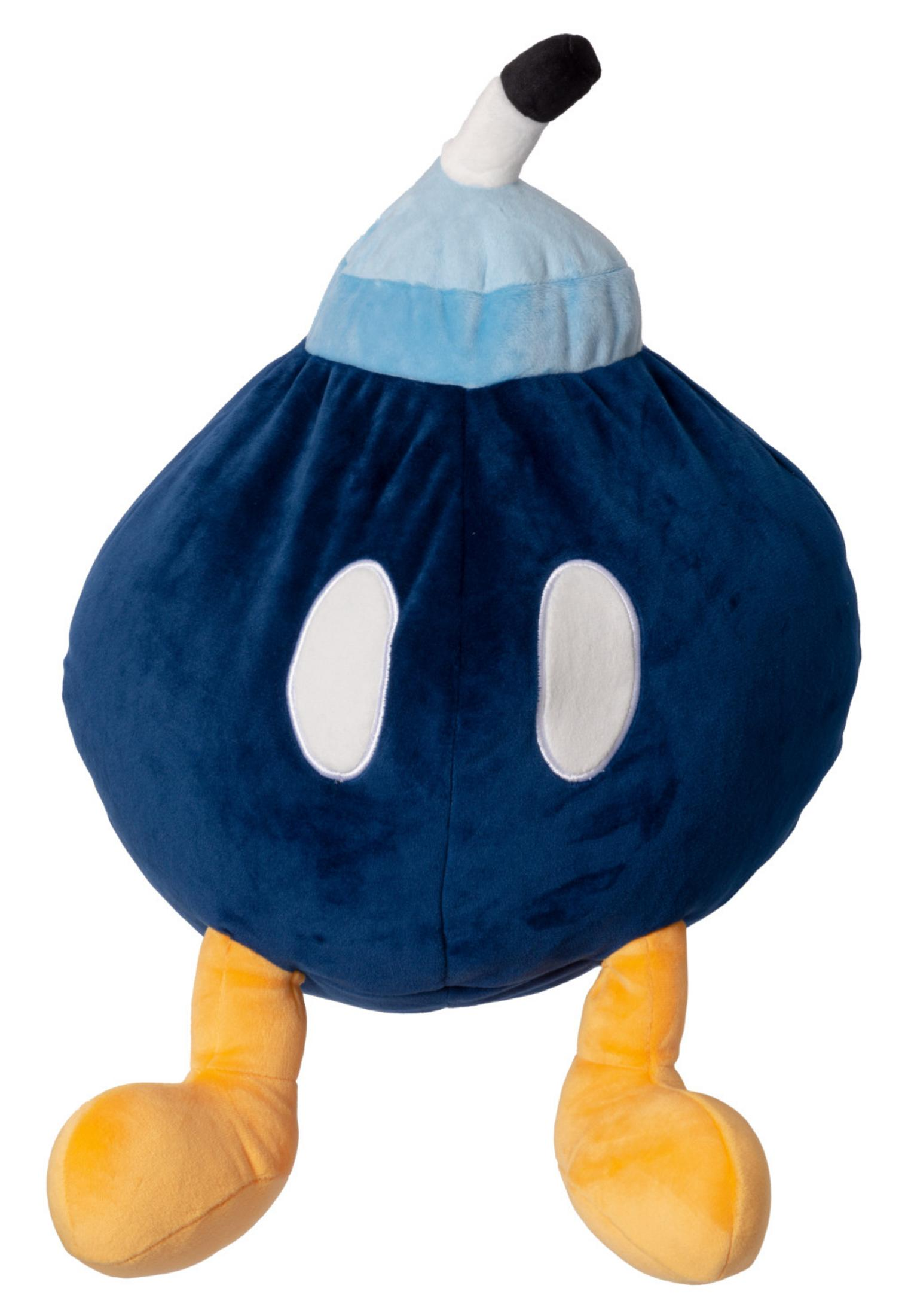 Una bomba di peluche blu navy con occhi bianchi e piedi gialli.