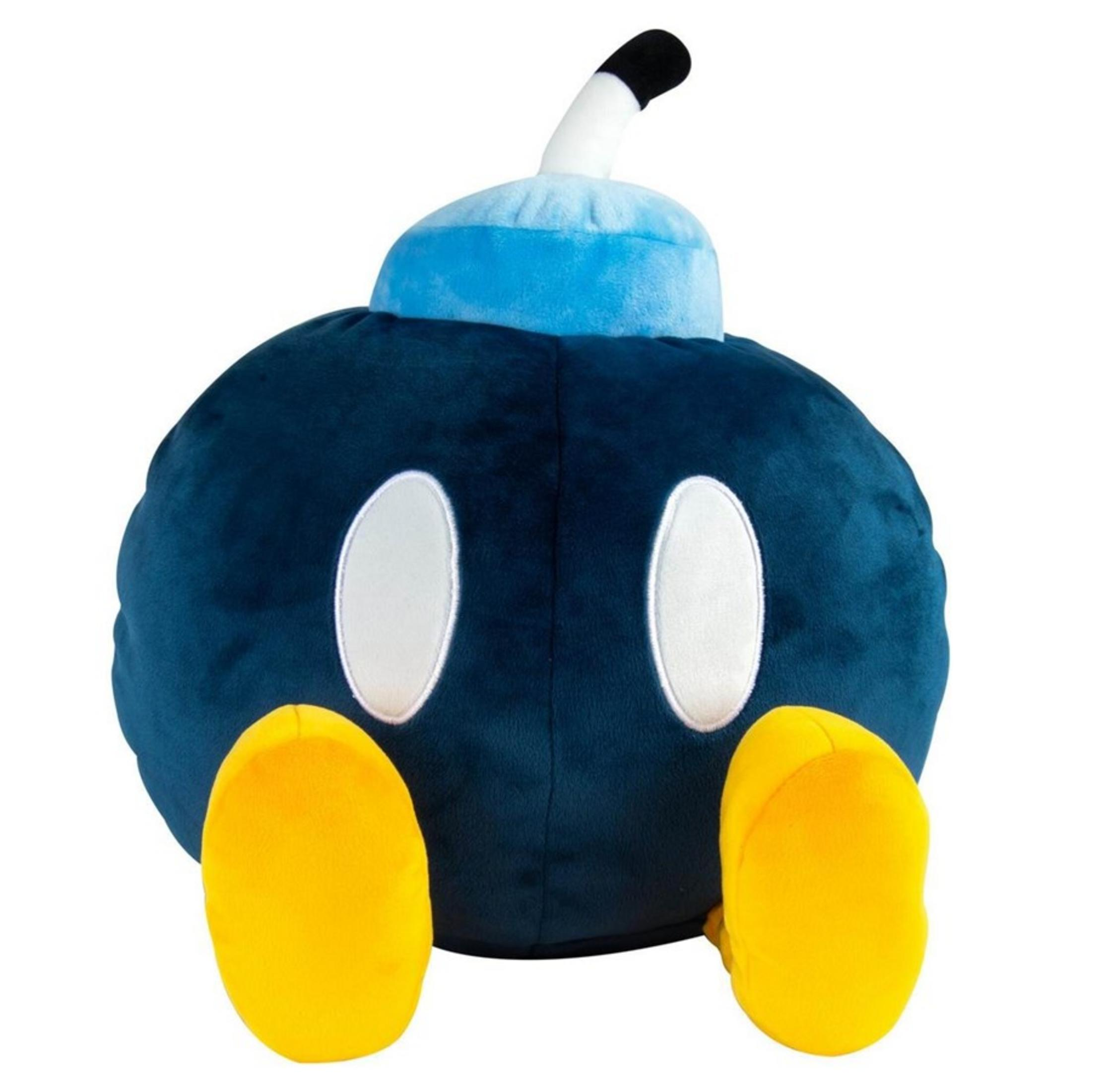 Peluche Bomba blu con piedi gialli e occhi bianchi.