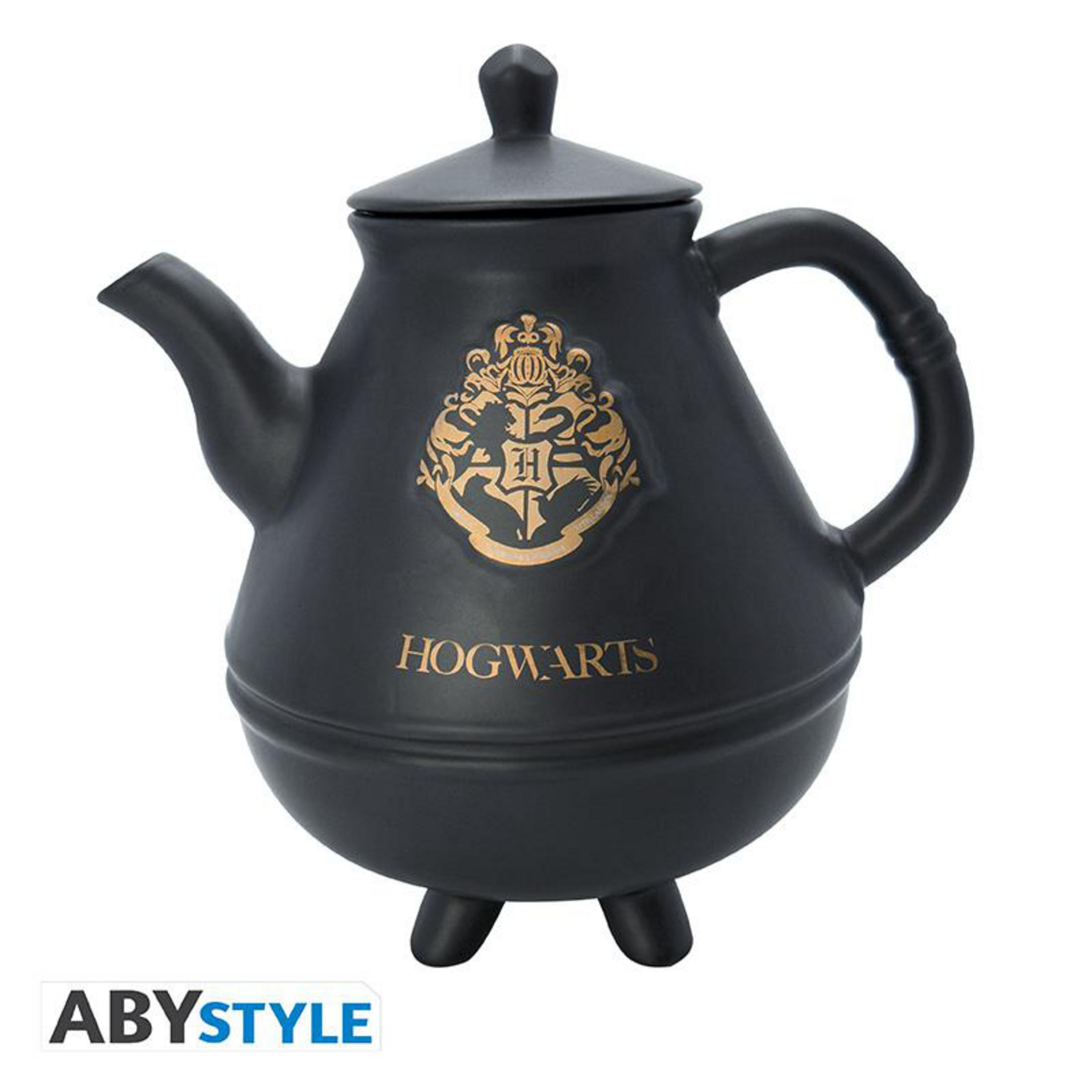 Schwarze Hogwarts-Teekanne mit goldenem Wappen und dem Wort "Hogwarts".