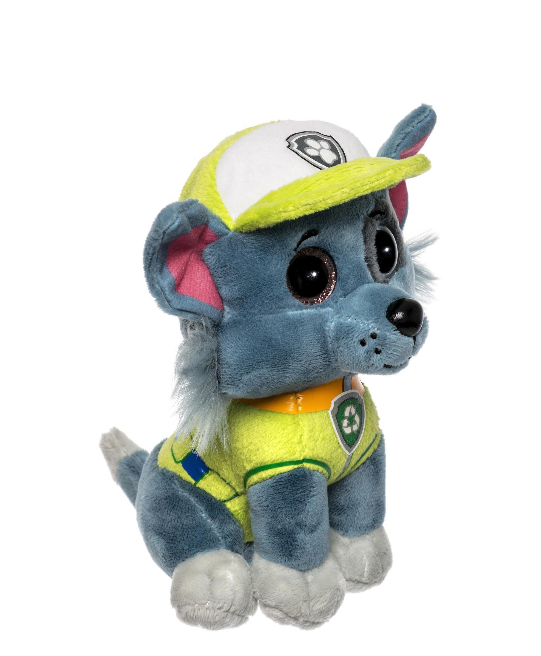 Stofftier der Paw Patrol Figur Rock. Grüne Mütze, Weste und blau-graues Fell.