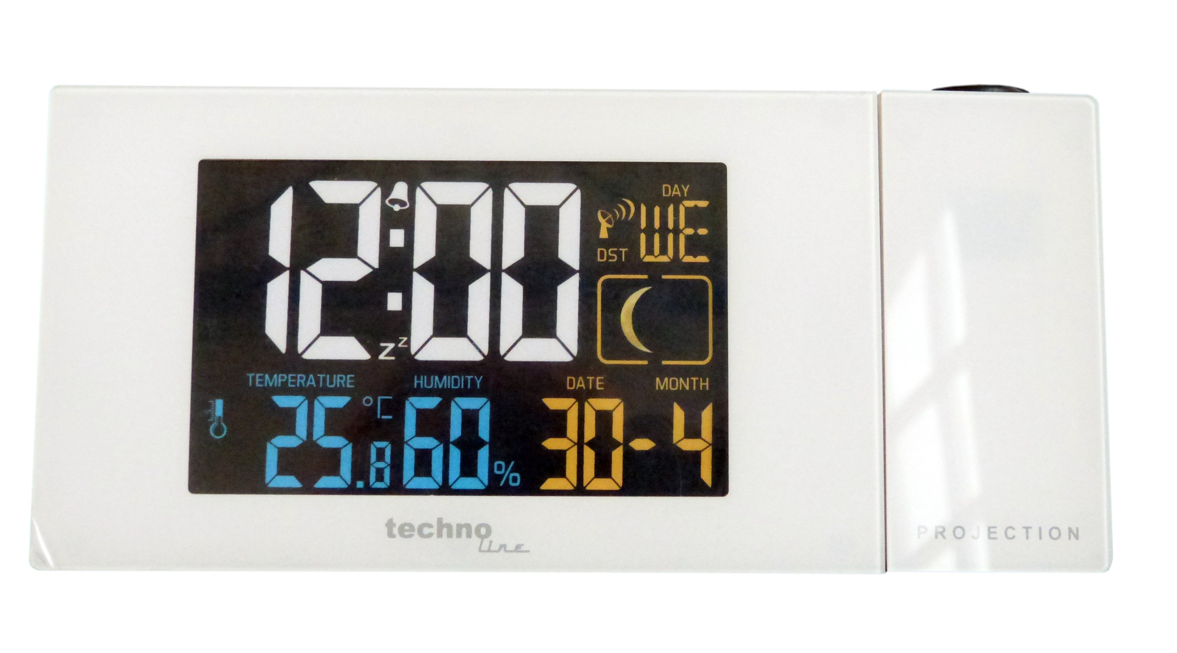 Weiße Digitaluhr mit Zeit, Temperatur, Luftfeuchtigkeit, Datum. Weißer Hintergrund.