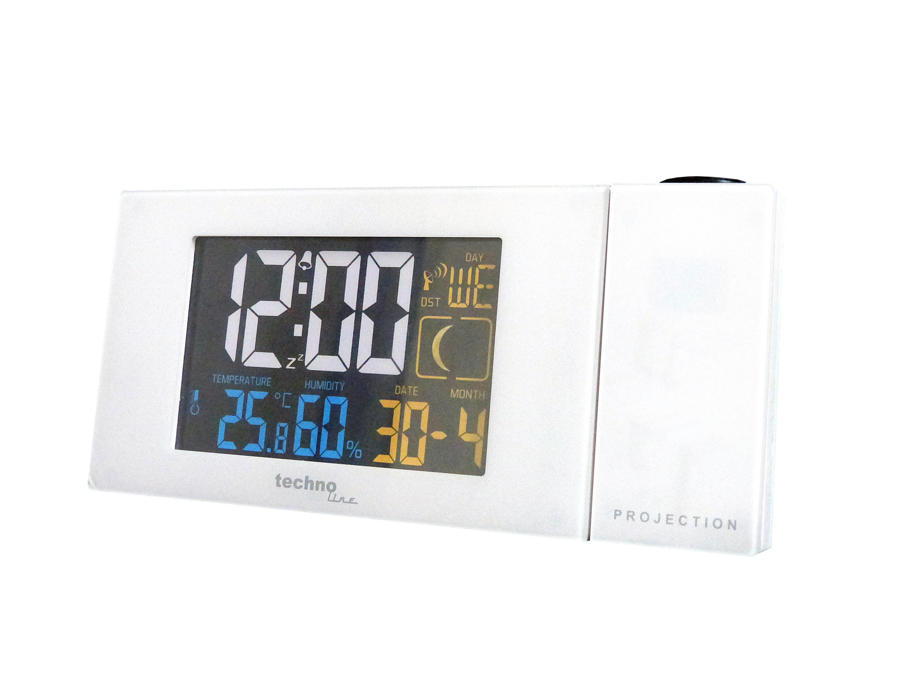 Eine weiße Digitaluhr, die Zeit, Datum, Luftfeuchtigkeit und Temperatur anzeigt. Sie hat eine Projektionseinheit.