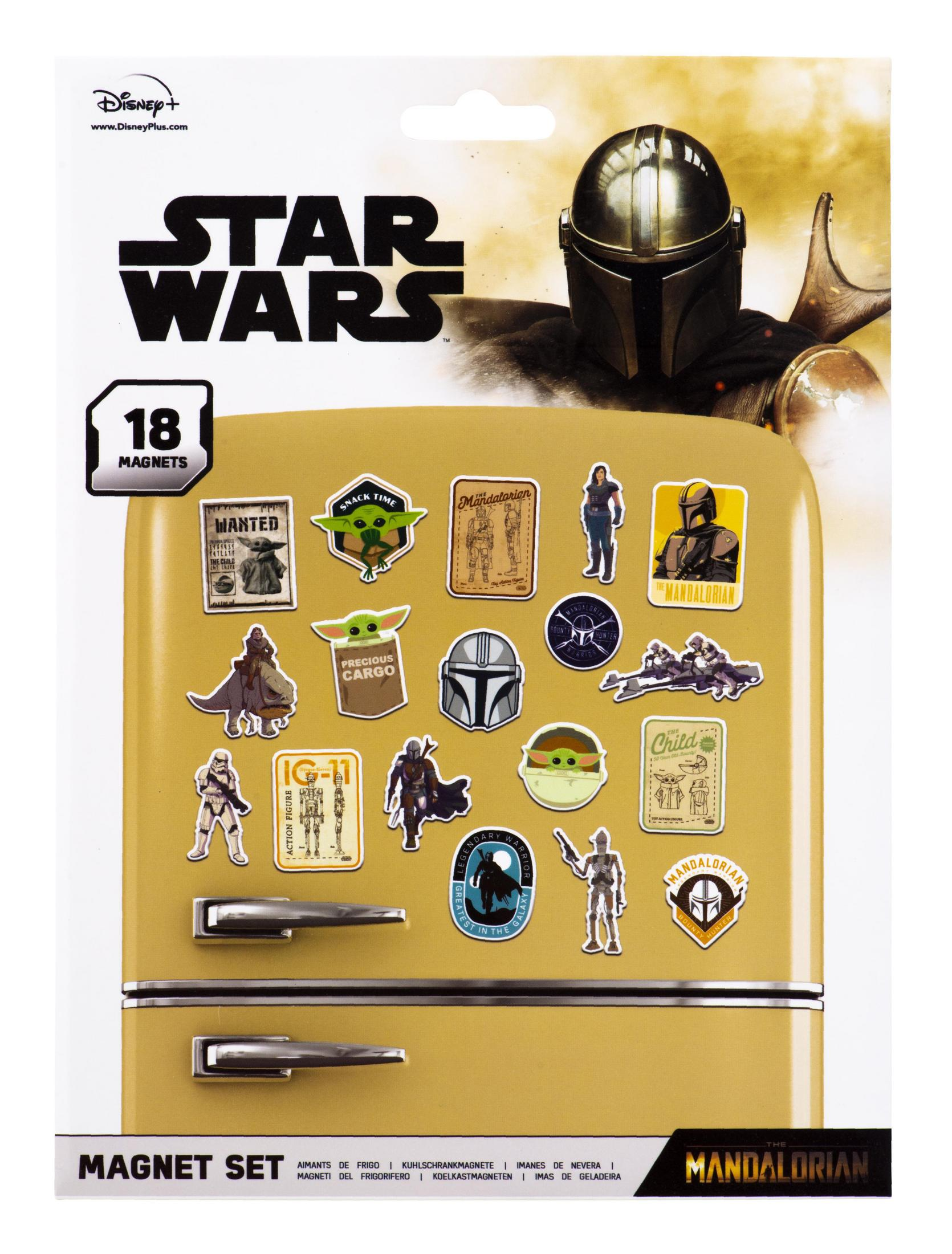 Star Wars-Magnete auf einem gelben Kühlschrank. Verschiedene Charaktermagnete werden angezeigt.