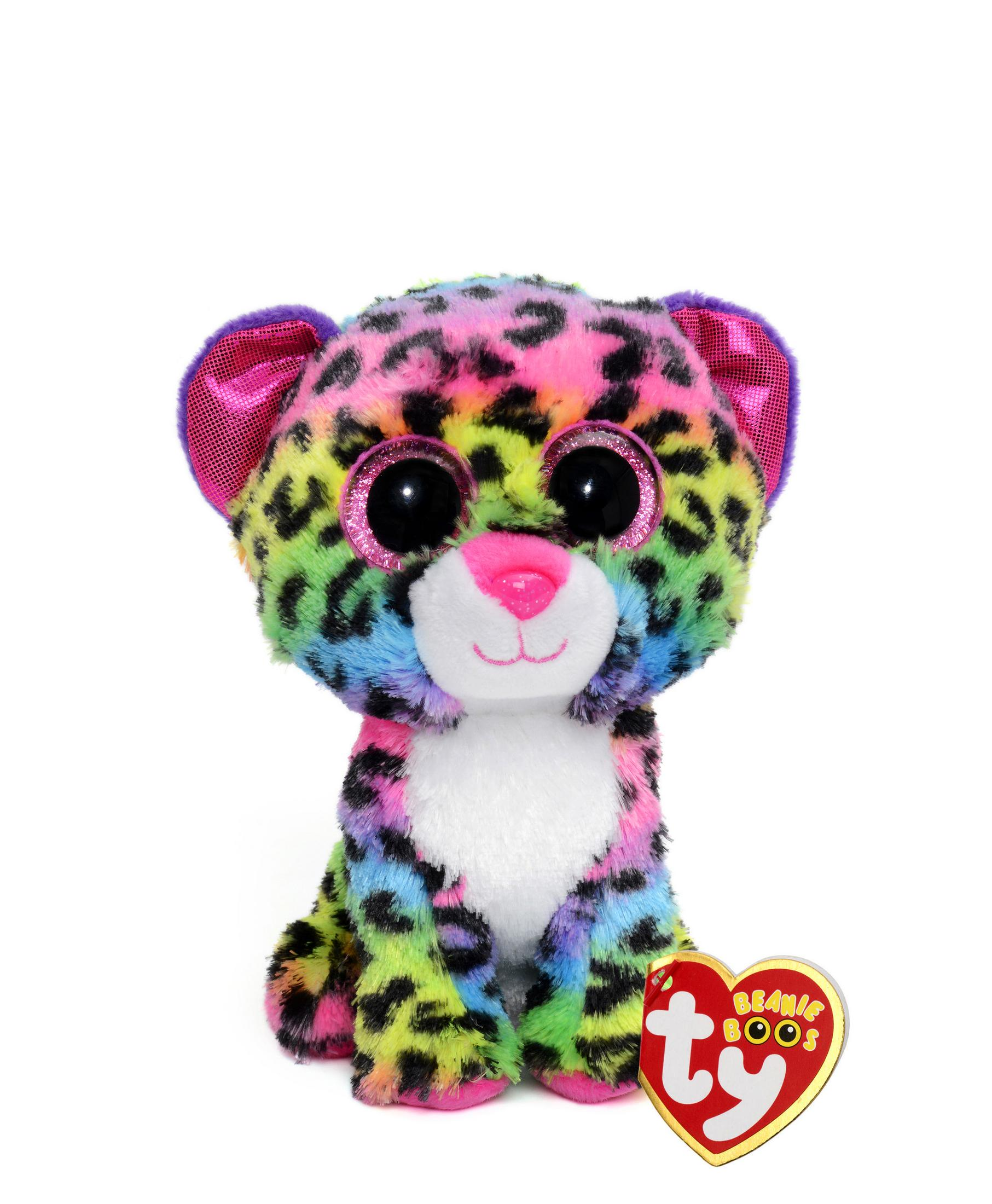 Kolorowa pluszowa zabawka w kształcie lamparta. Ma duże oczy, różowy nos i metkę Ty Beanie Boos.